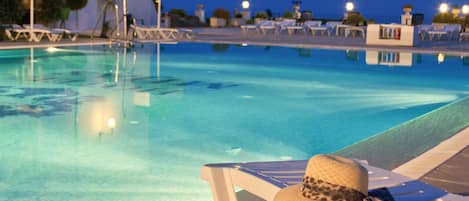 Outdoor pool, pool umbrellas, pool loungers