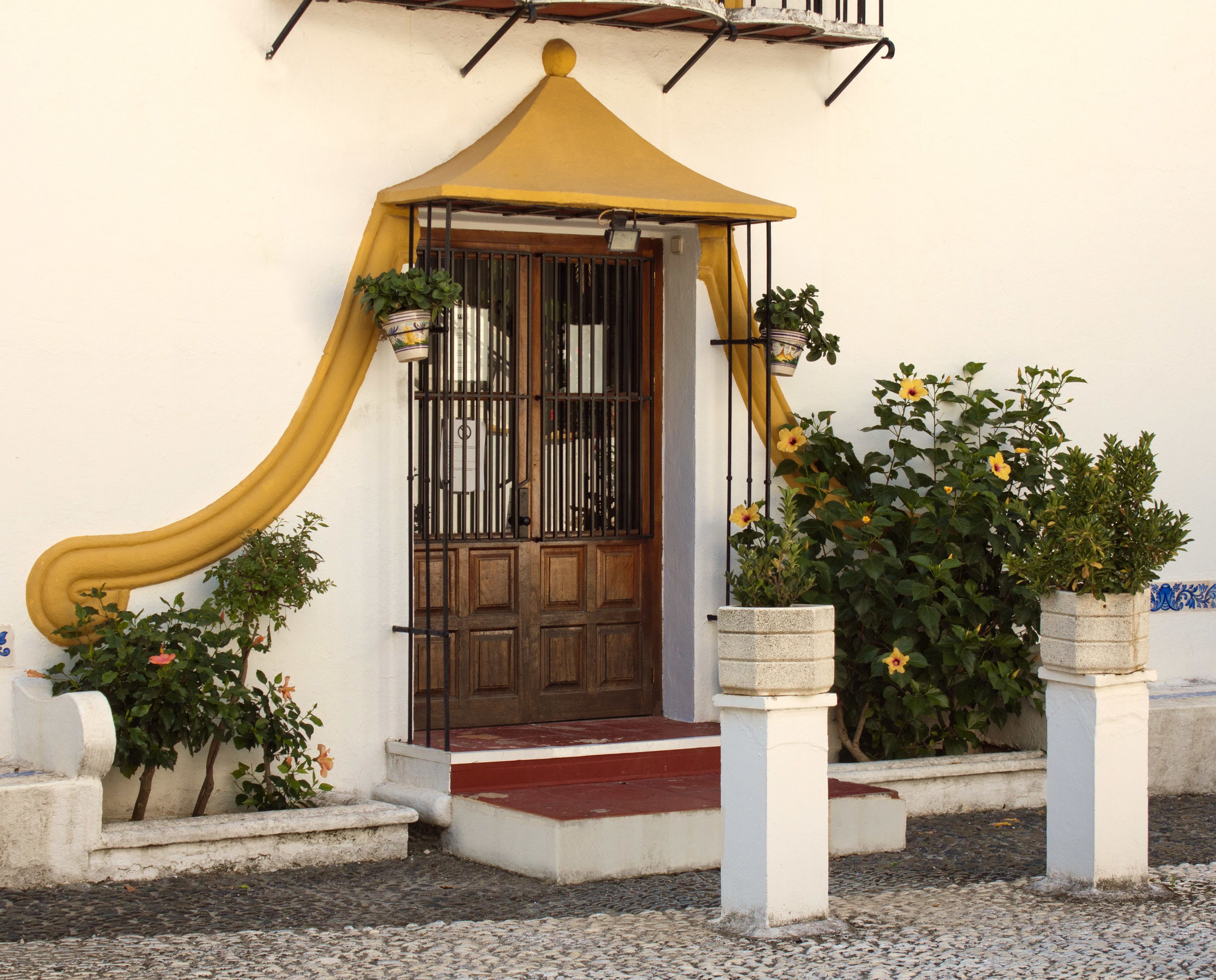 Entrada de un edificio con puerta de madera, toldo amarillo y plantas en macetas.