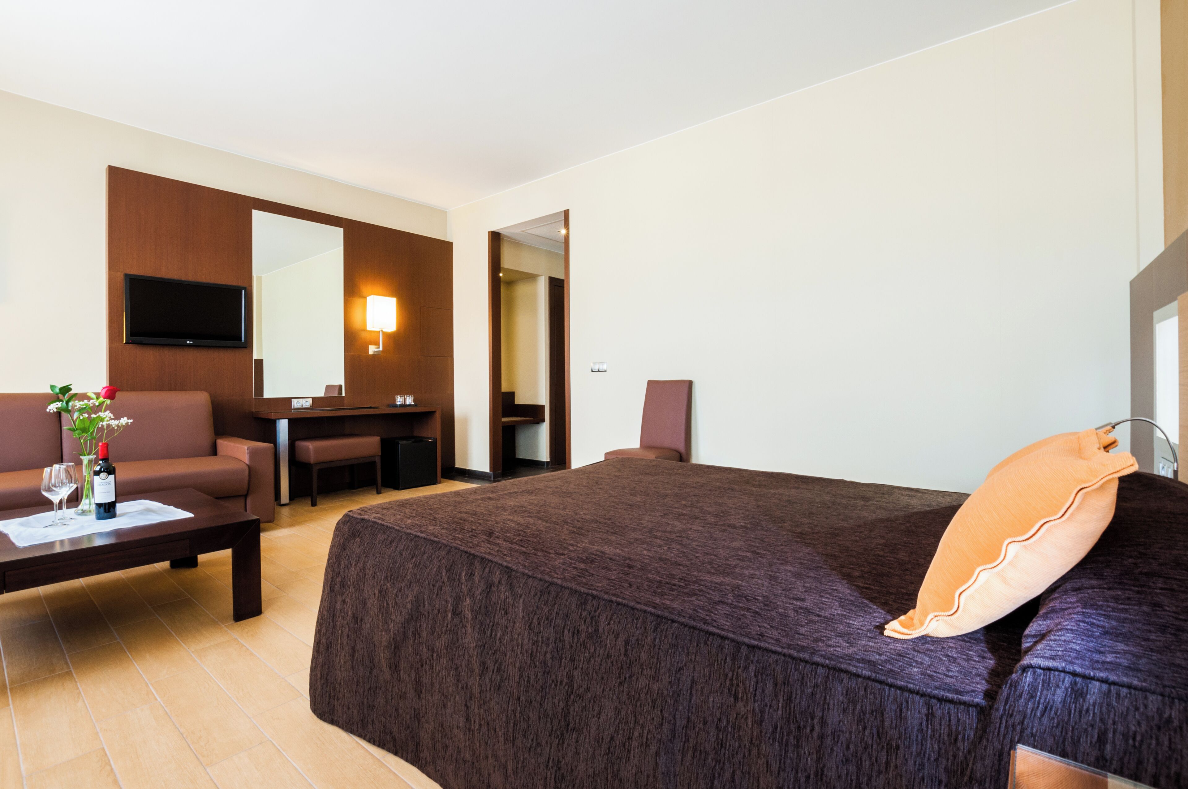 A hotel room with a large bed, a sofa, a desk, and a television.