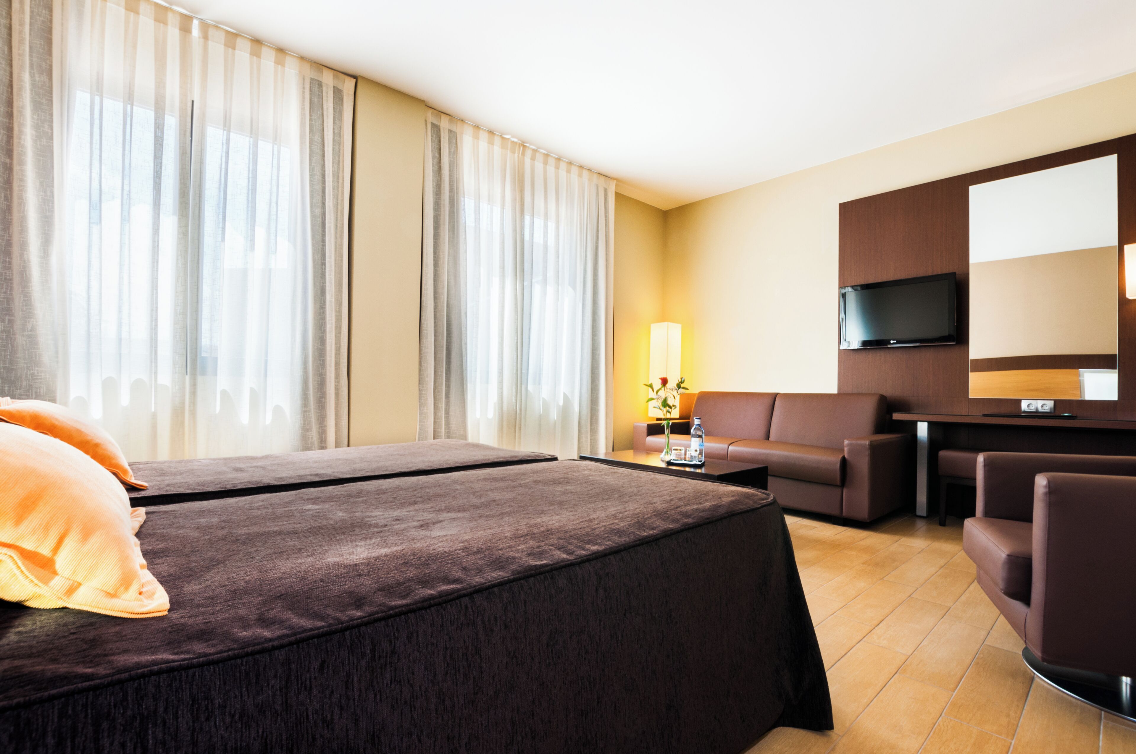 A hotel room with a bed, a sofa, a TV, and a lamp.