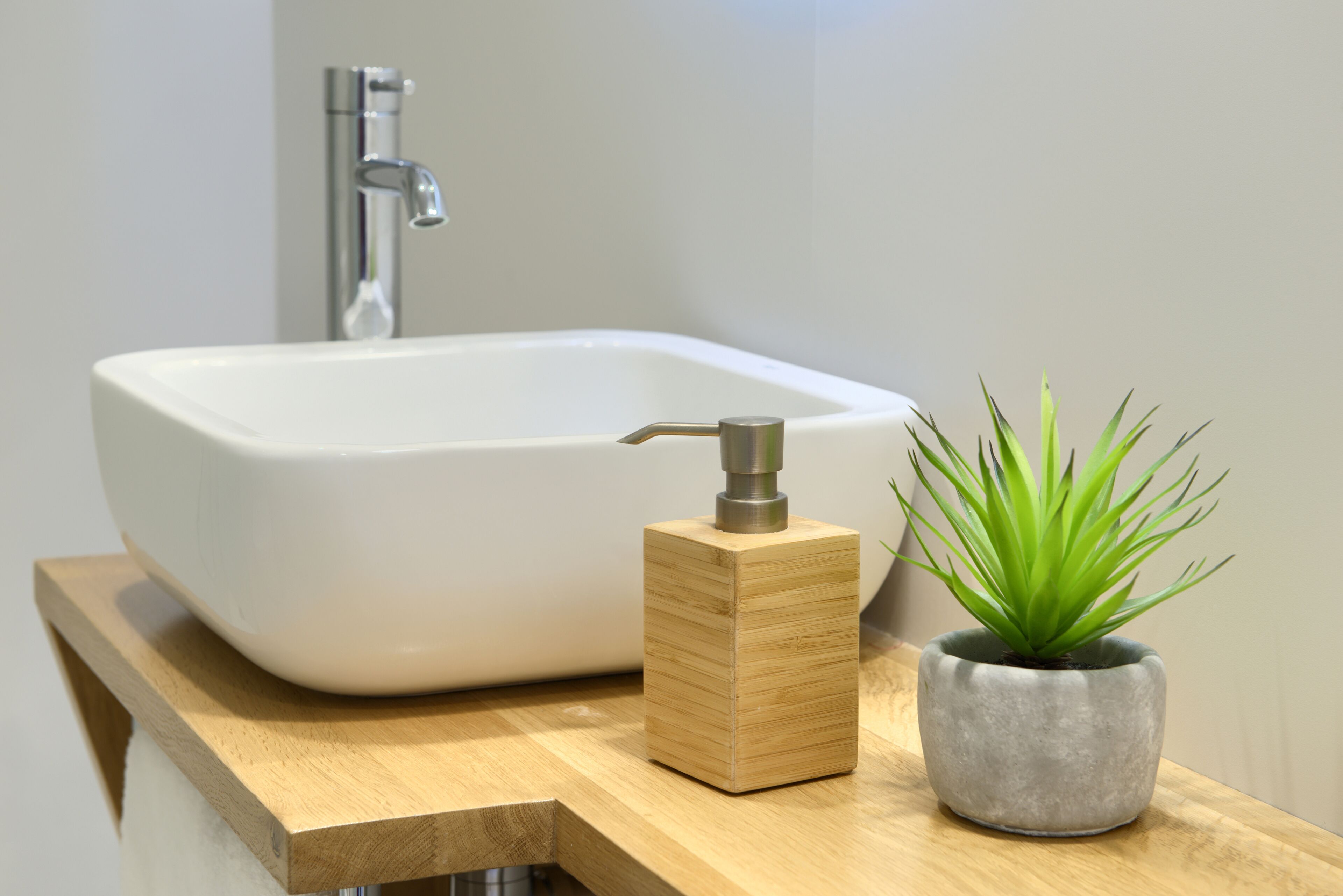 A bathroom with a white sink, a wooden soap dispenser, and a potted plant.