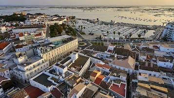 An aerial view of a coastal town with a marina, historic buildings, and a prominent church.