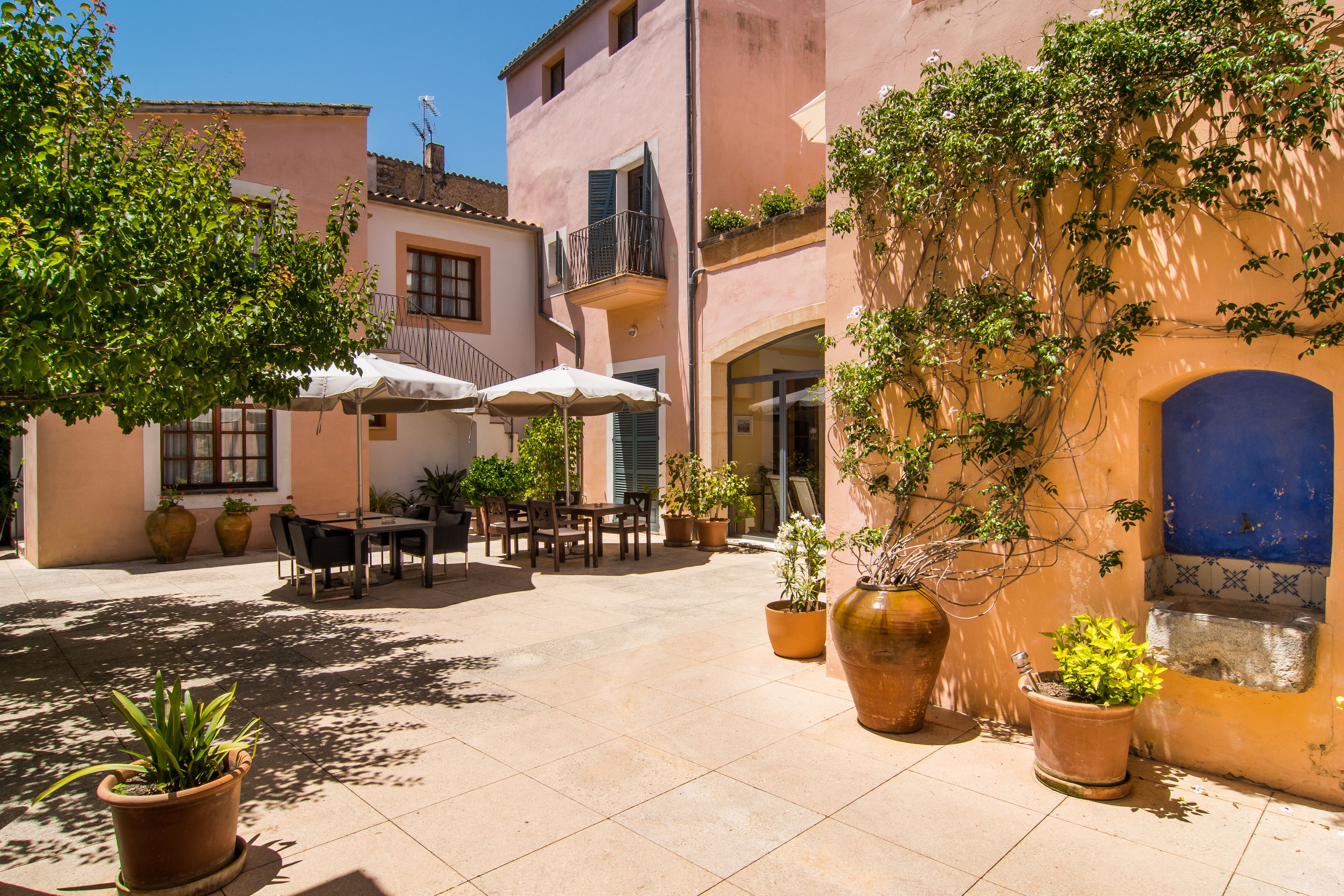 Un espace extérieur aménagé en terrasse, avec des tables, des chaises, des plantes en pot et des parasols.