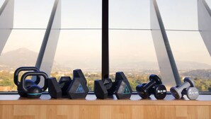 A row of kettlebells and dumbbells on a wooden surface with a view of mountains through a window. - Albavilla Hotel & Co. (Albavilla)