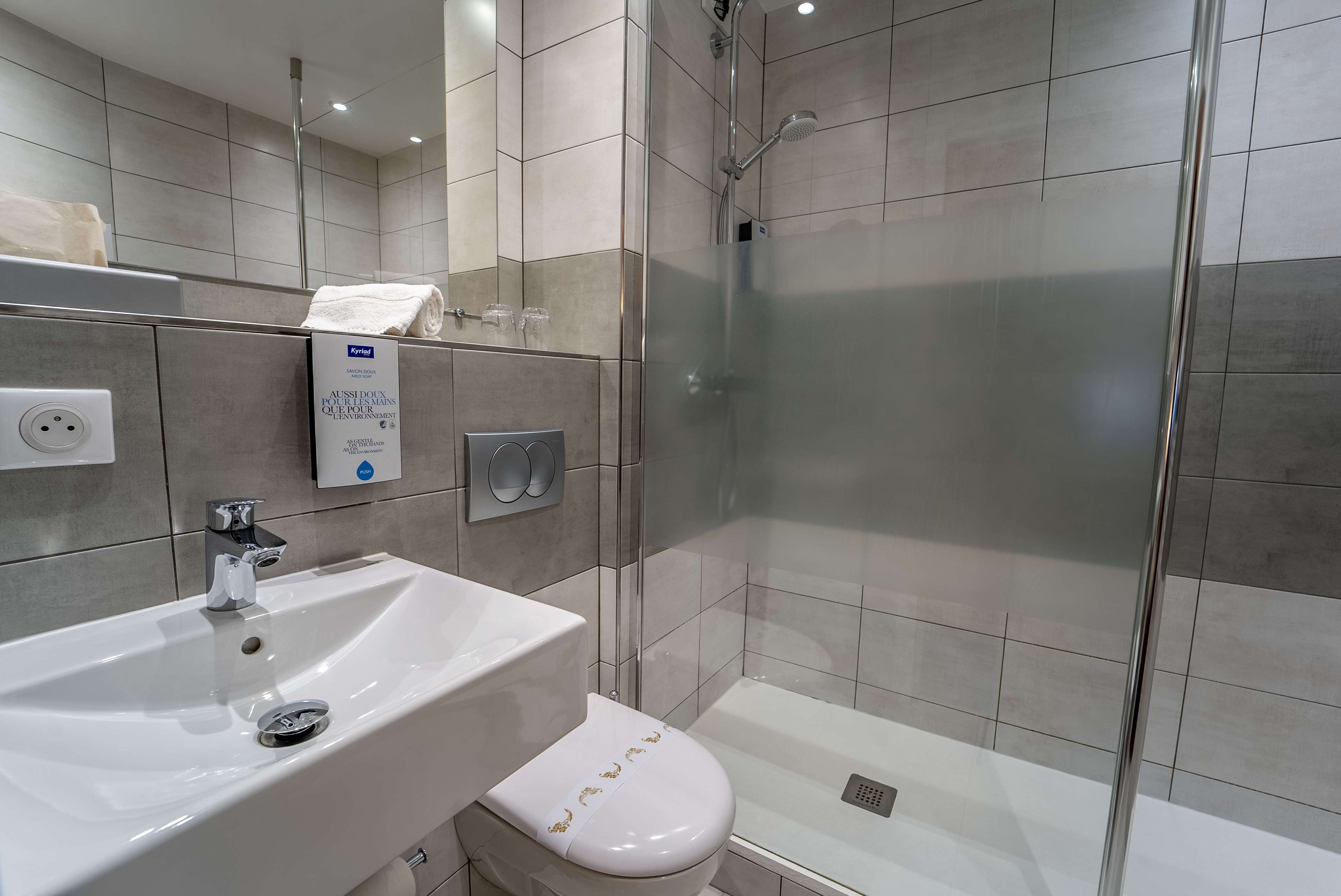 shower, eco-friendly toiletries, hair dryer, towels