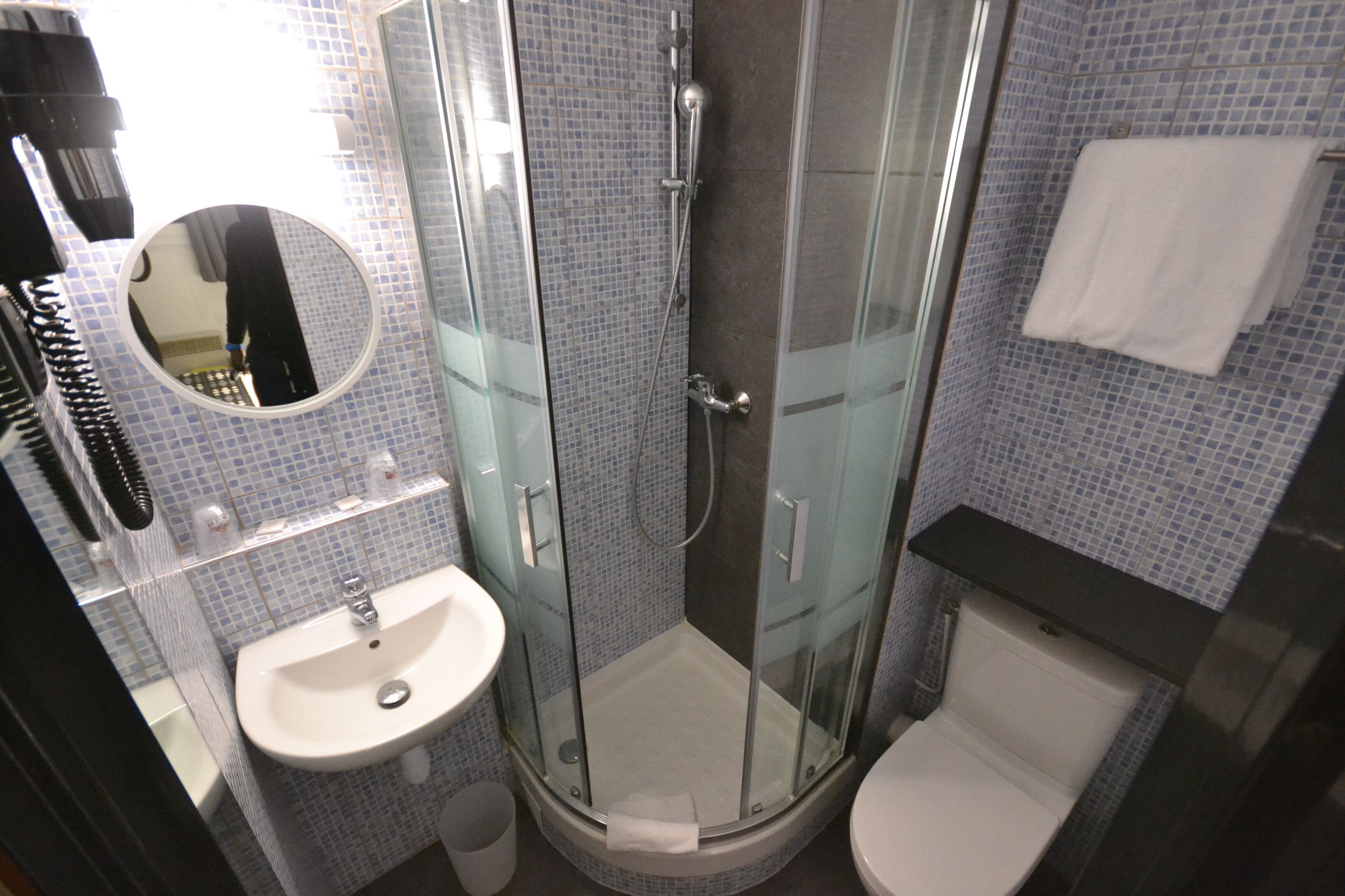 A bathroom with a glass-enclosed shower, a sink, and a toilet.