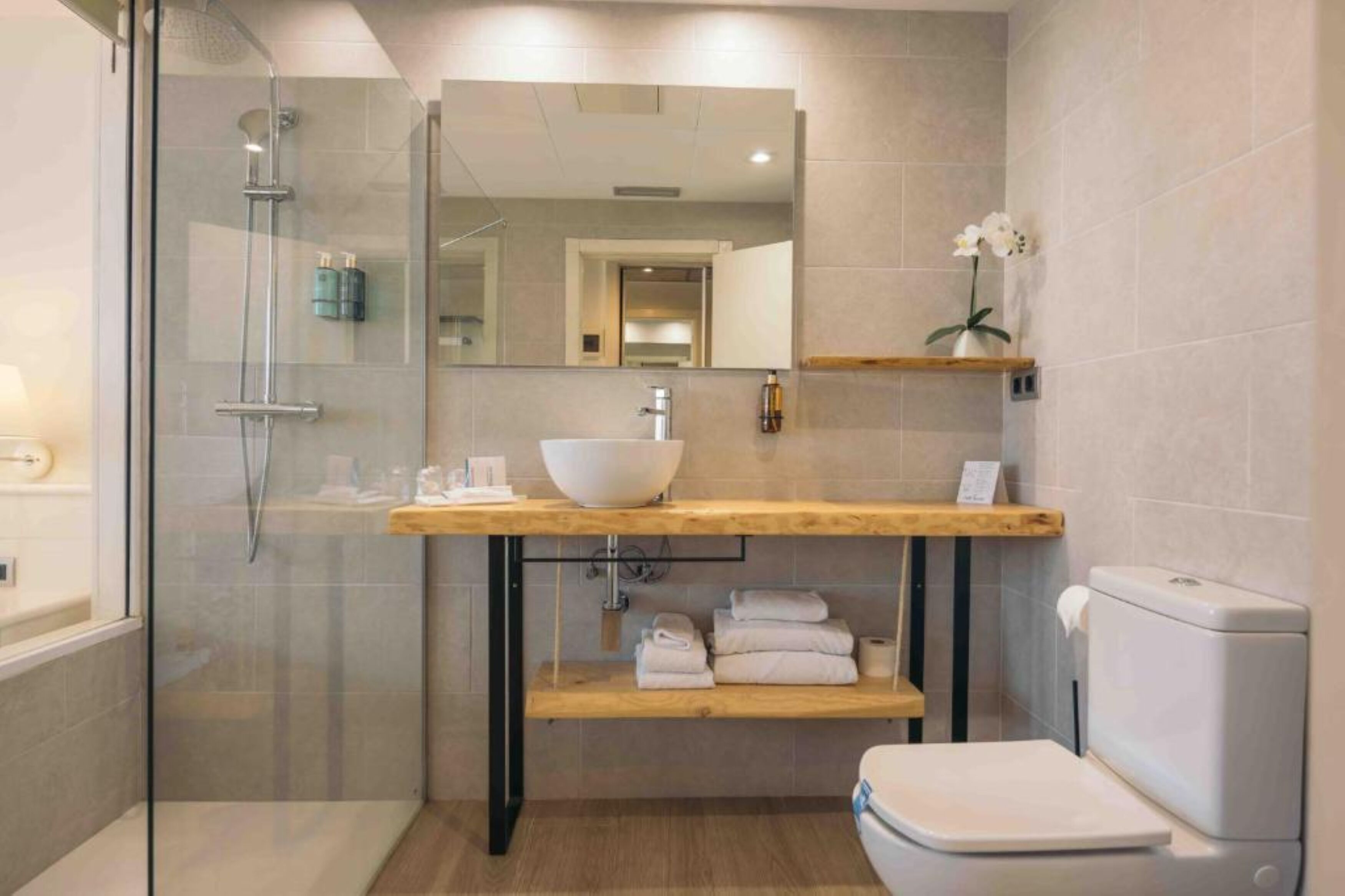 A modern bathroom with a glass-enclosed shower, a wooden vanity with a large sink, a toilet, and a mirror above the vanity.
