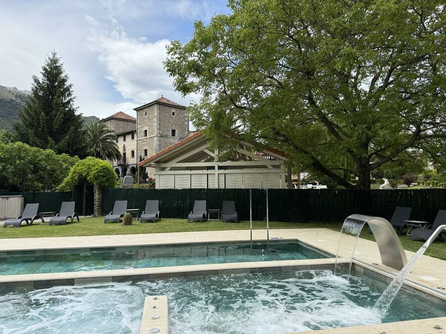 Piscina con cascada, rodeada de sillas de descanso y un seto.