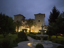 Un edificio de piedra con una fuente al frente, rodeado de jardines cuidados y palmeras.