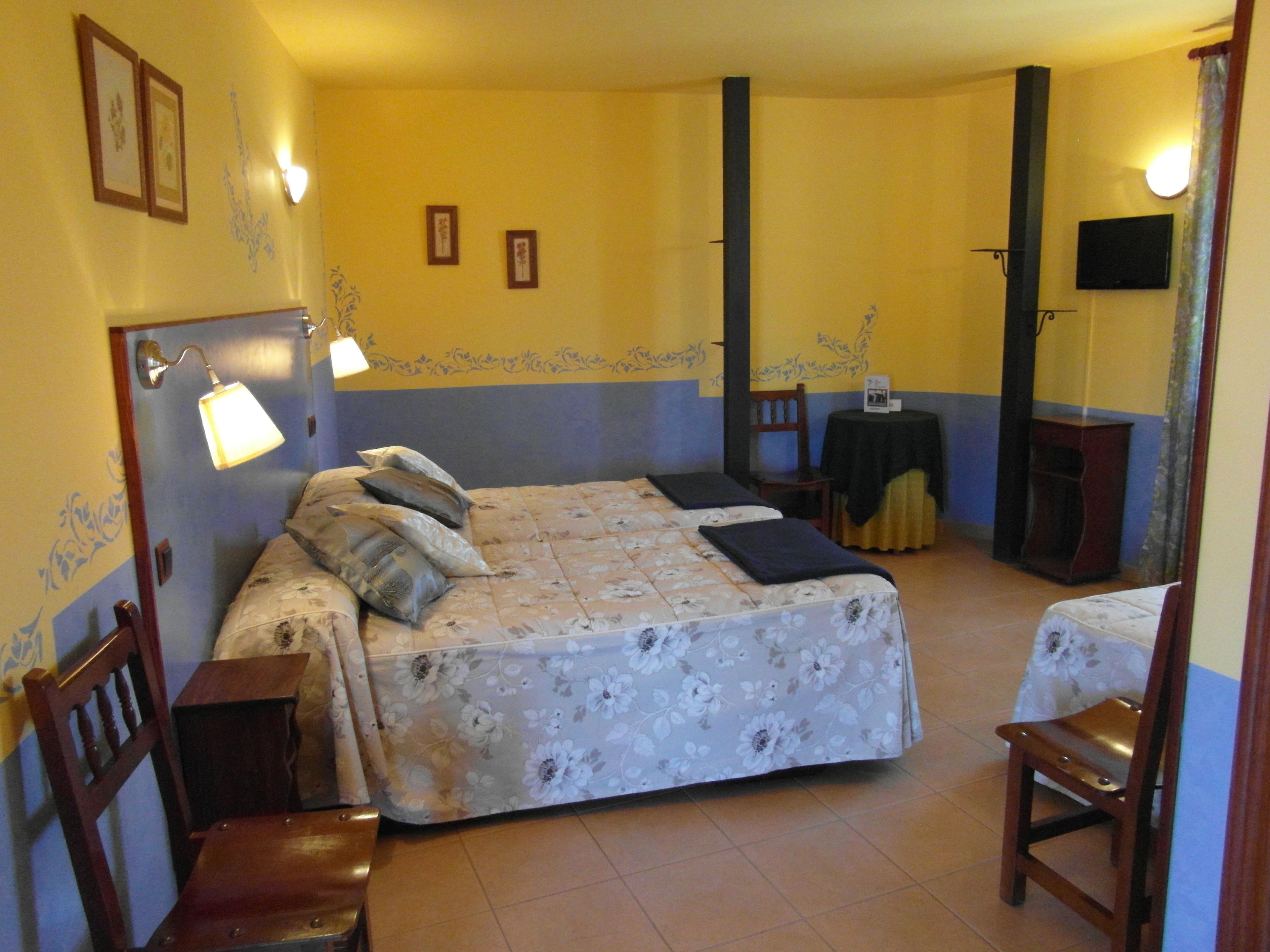 Habitación de hotel con una cama grande, dos mesitas de noche, una silla, una mesita pequeña y un televisor.