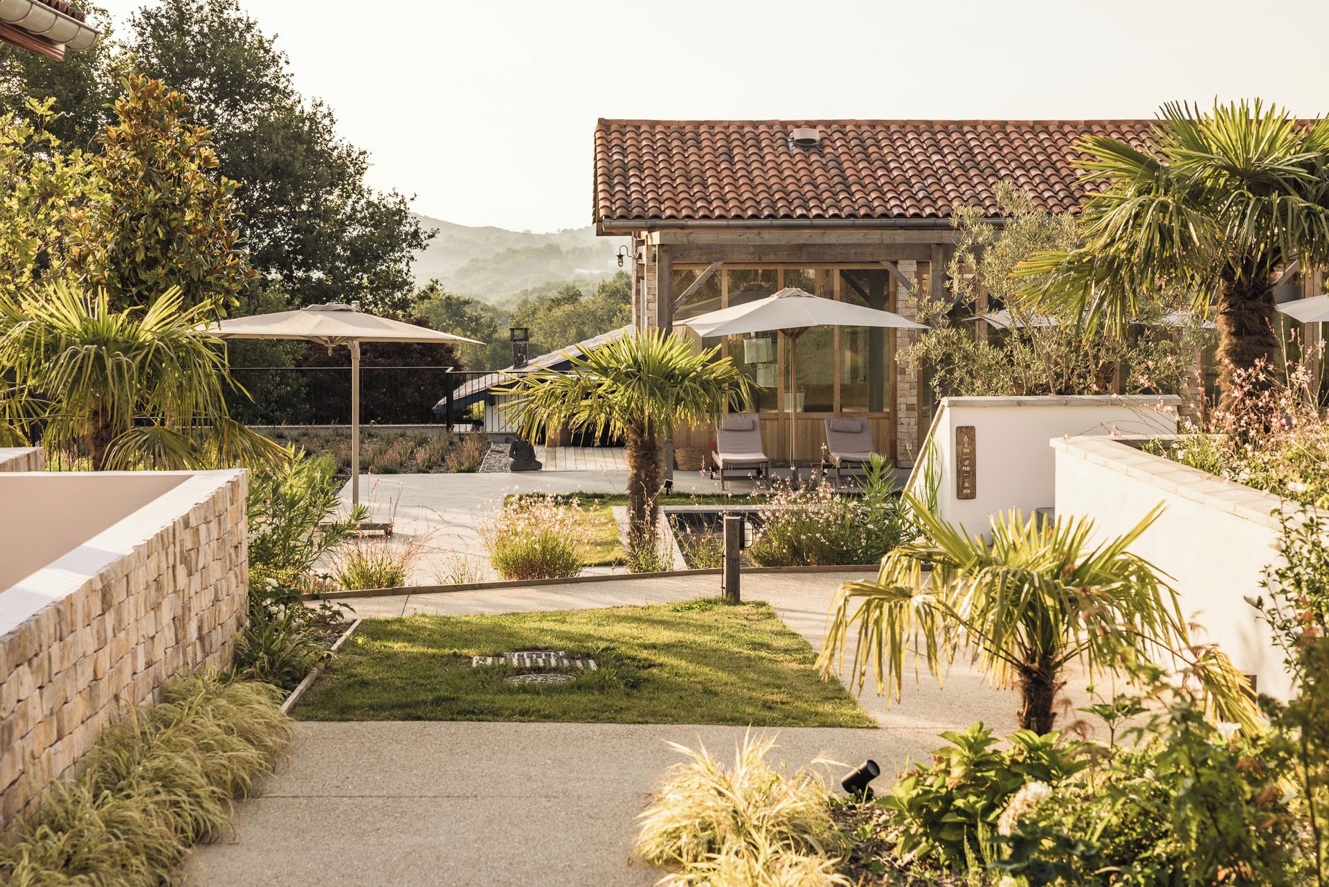 A courtyard with a stone wall, a palm tree, and a lounge area with umbrellas.