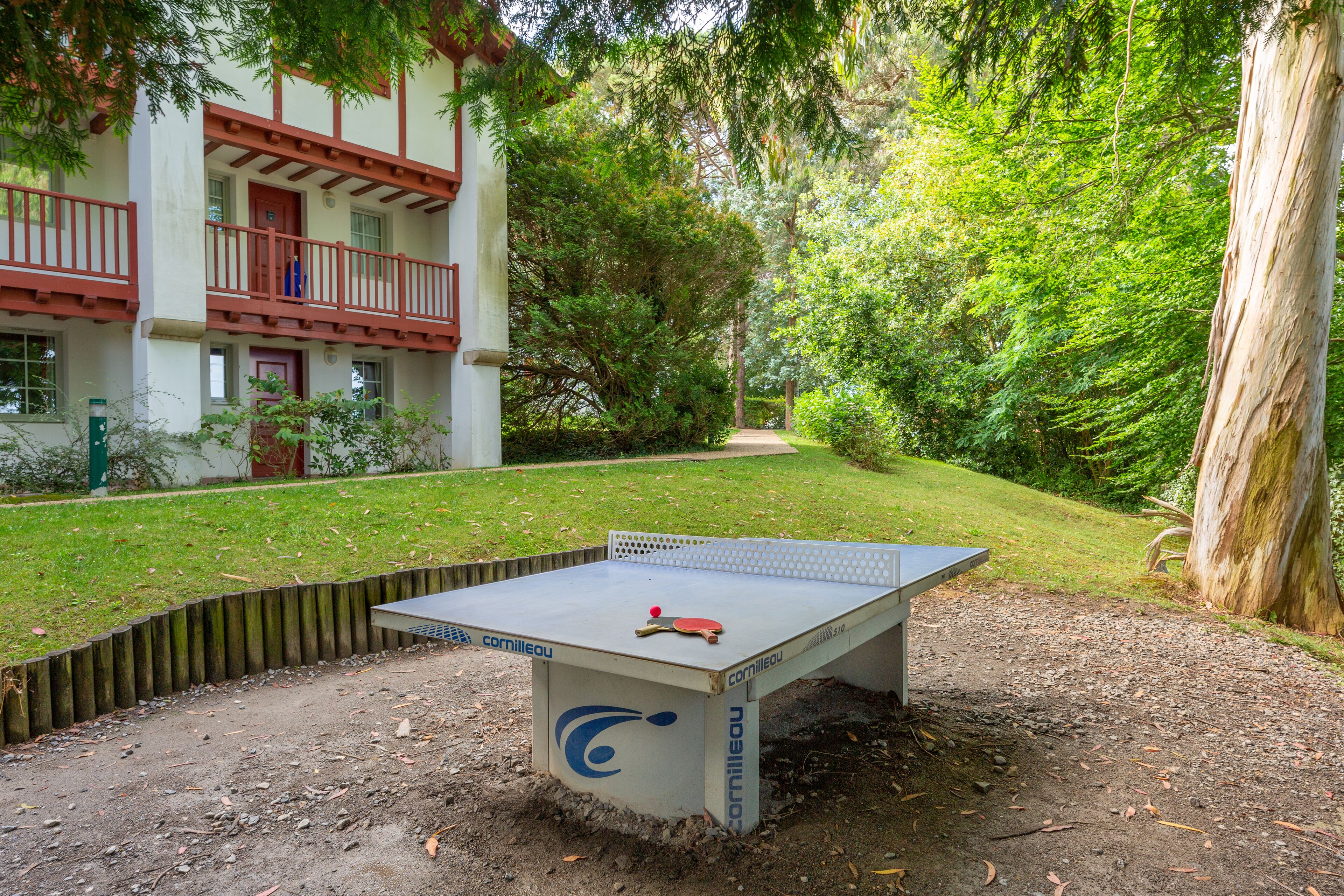 Una mesa de ping pong en un jardín con un edificio al fondo.