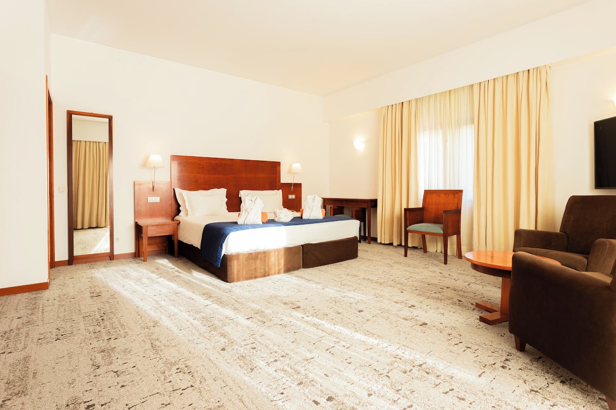 A hotel room with a large bed, a desk, a chair, and a television.