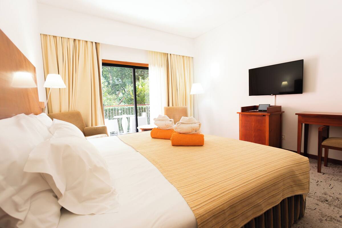 A hotel room with a large bed, a desk with a television, a chair, and a view of the outdoors.