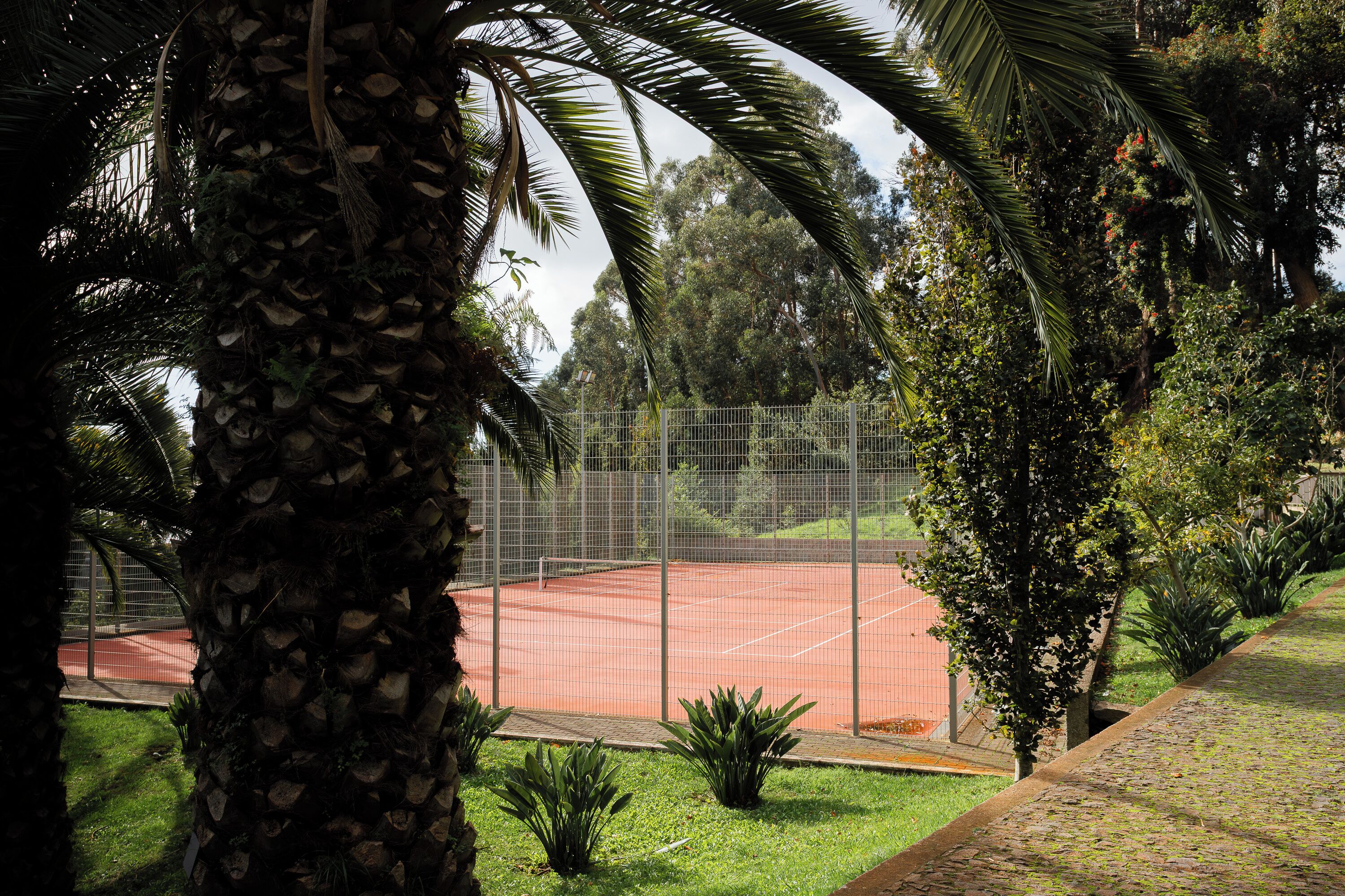 A tennis court surrounded by lush greenery and a stone pathway.