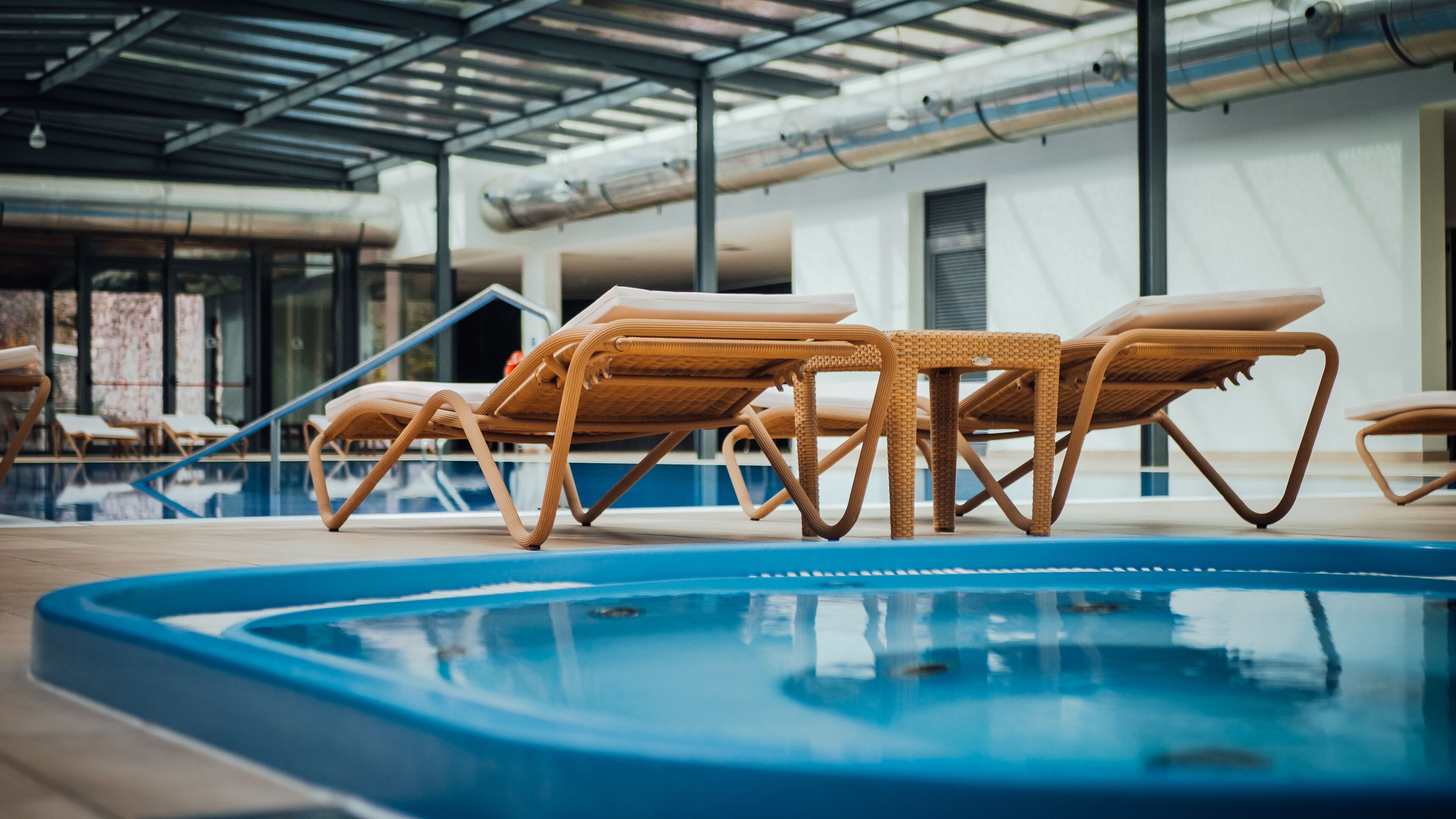 indoor pool, pool loungers