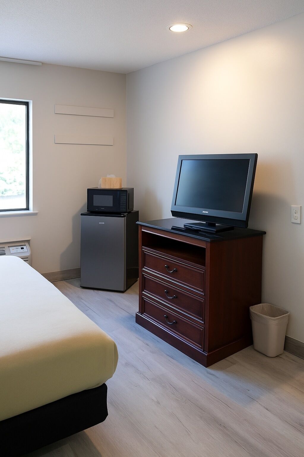 Habitació d'hotel amb llit, escriptori amb ordinador, microones i petit armari.