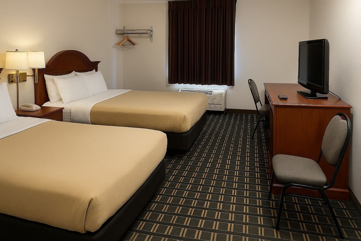 Quarto de hotel com duas camas, uma escrivaninha com televisão, uma cadeira, uma luminária de mesa, mesa de cabeceira com telefone e uma janela com cortinas.