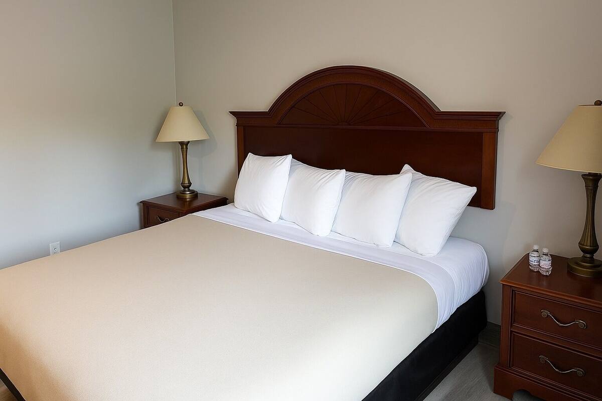 Cama bem arrumada com lençóis brancos e cabeceira de madeira. Há duas mesas de cabeceira com luminárias e uma gaveta pequena.