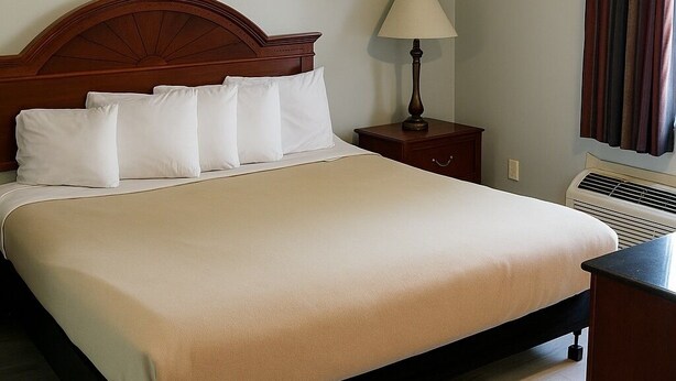 A hotel room with a large bed, a bedside table with a lamp, and a window with curtains.