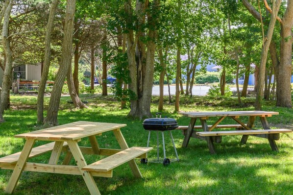 A picnic setup with wooden tables and a grill in a grassy area surrounded by trees.