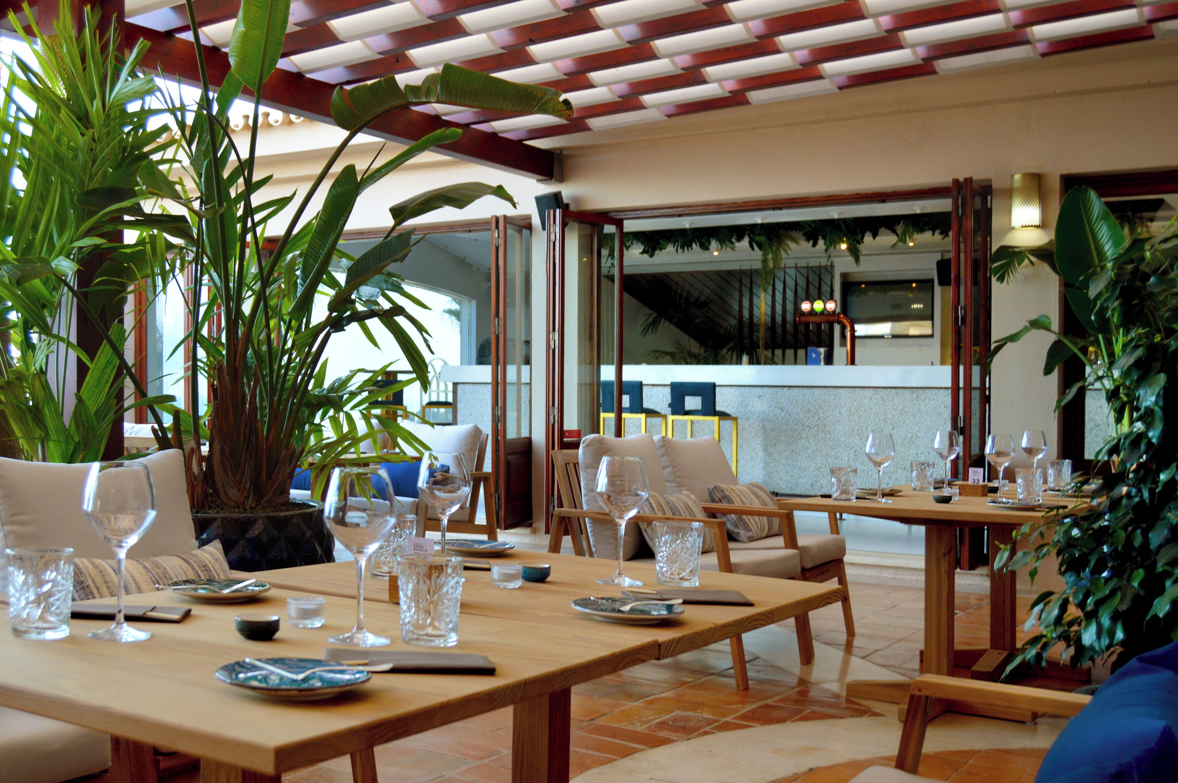 A restaurant with wooden tables, chairs, and potted plants.