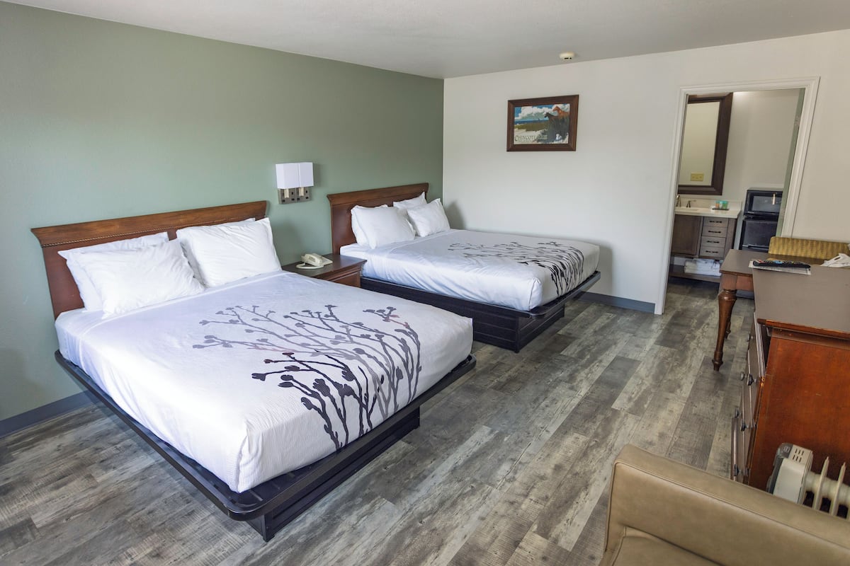 Une chambre d’hôtel avec deux lits, un bureau, une chaise, un téléphone, un miroir et un tableau au mur.