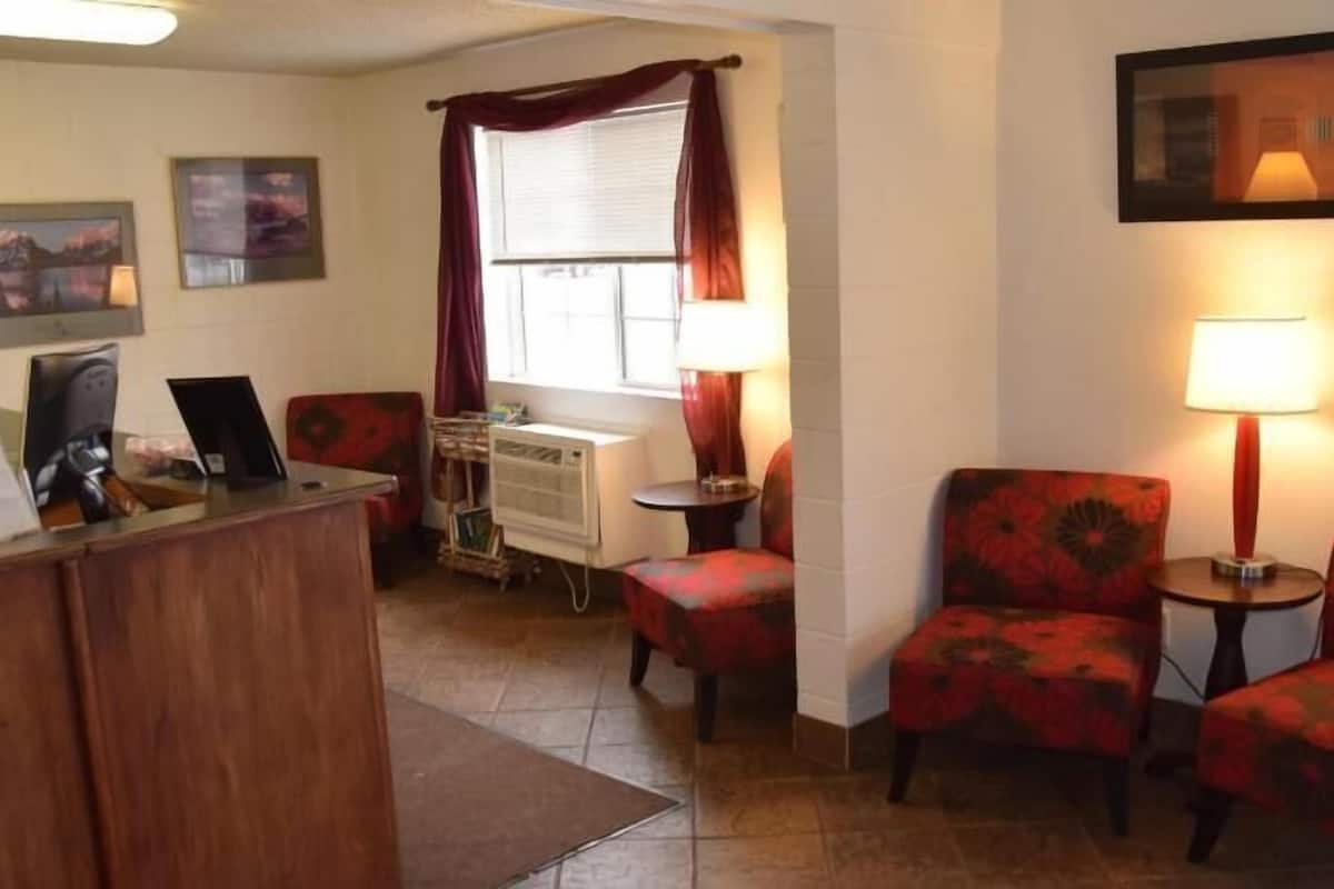 Una habitación con mostrador de recepción, dos sillones, una mesita con lámpara, una ventana con cortinas y un cuadro en la pared.
