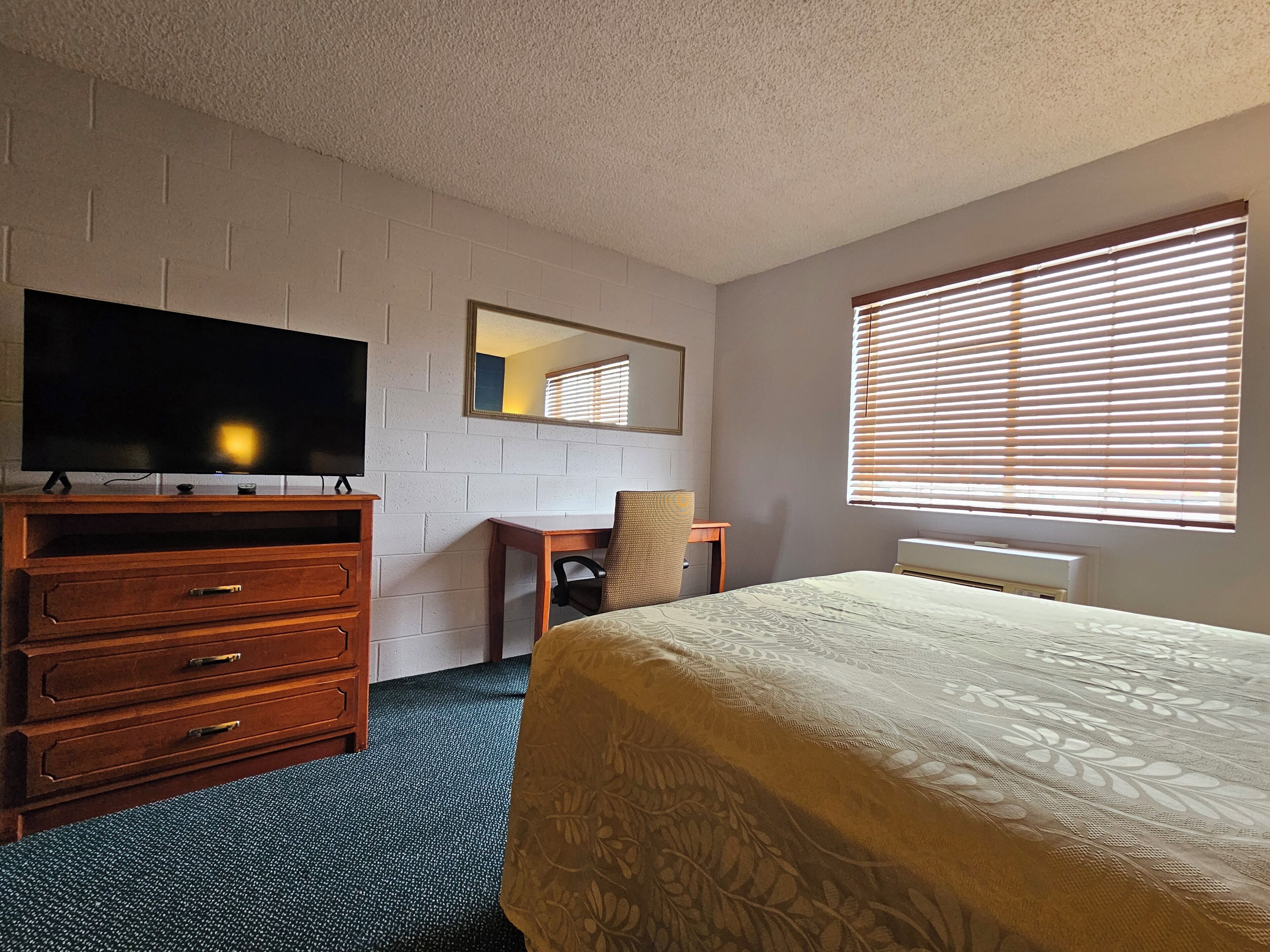 A hotel room with a bed, a dresser, a television, a chair, a desk, a mirror, and a window with blinds.