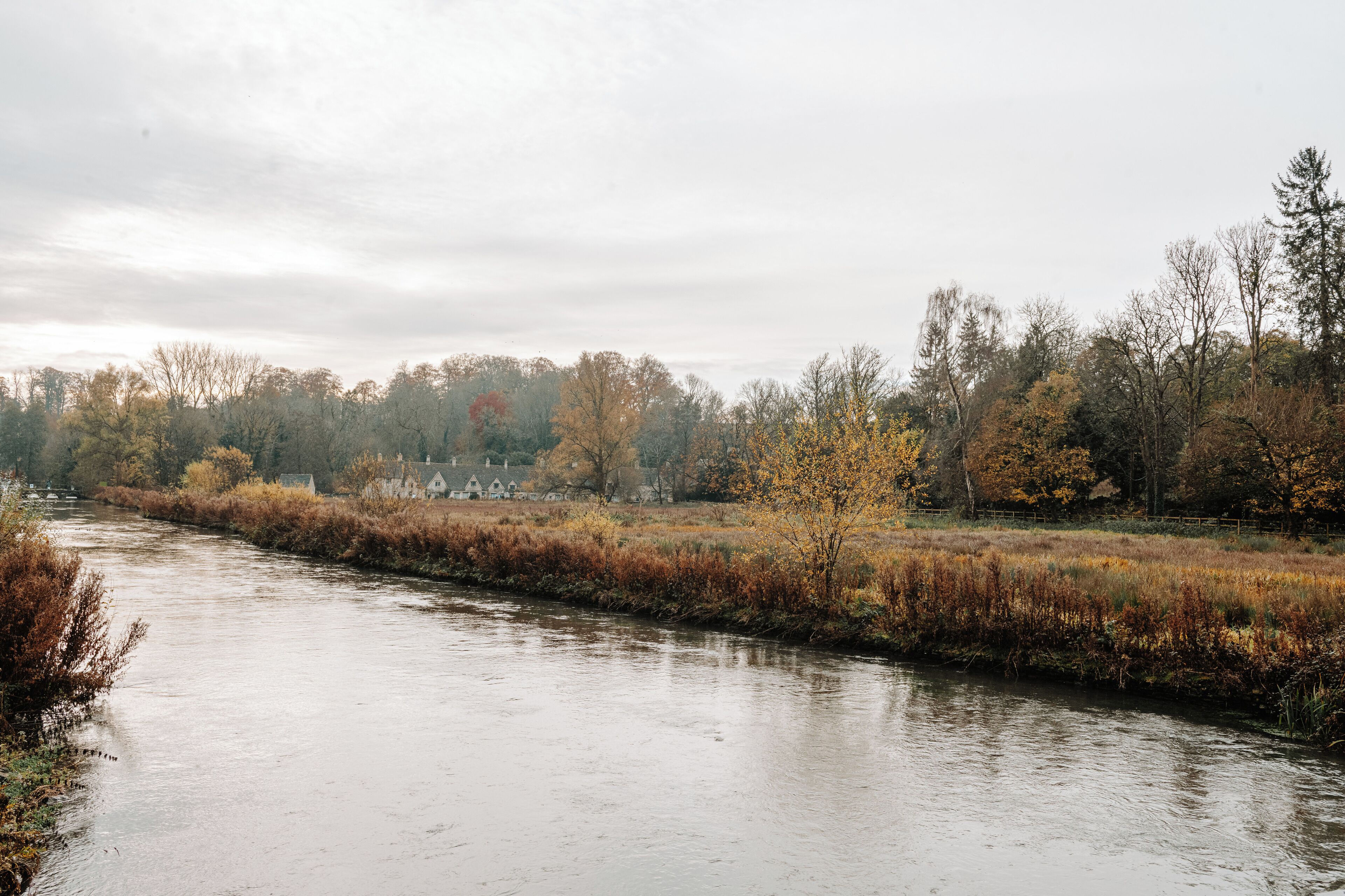 A river with a calm surface, surrounded by trees and a fence.