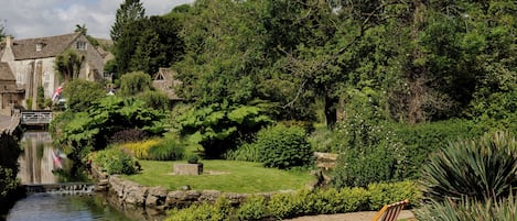 A garden with a pond, a chair, and a building in the background.