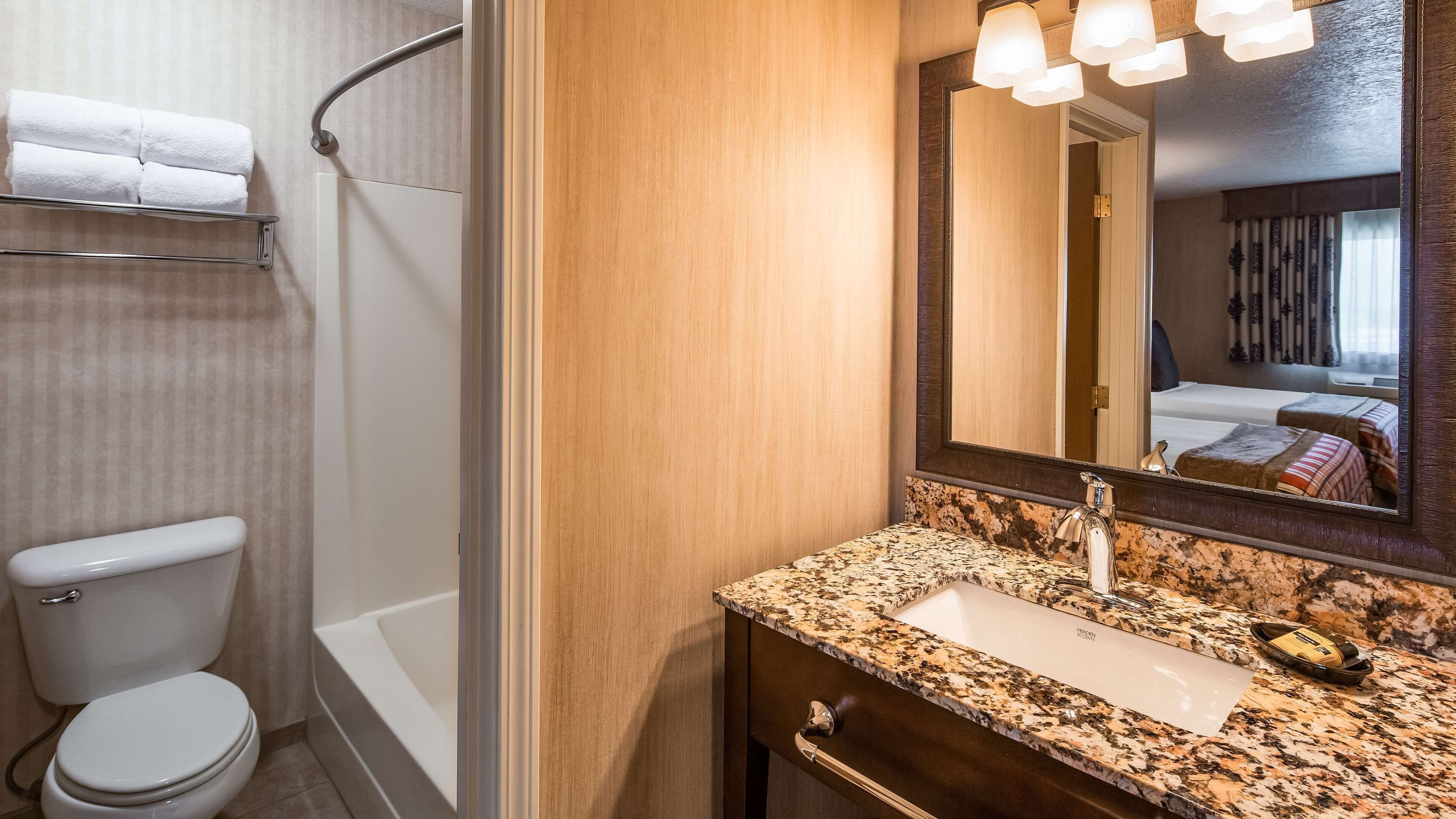 Une salle de bain avec des toilettes, un lavabo et une baignoire.