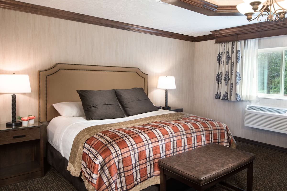 A hotel room with a bed, two bedside lamps, a window with curtains, an air conditioning unit, a chair, and a small table.