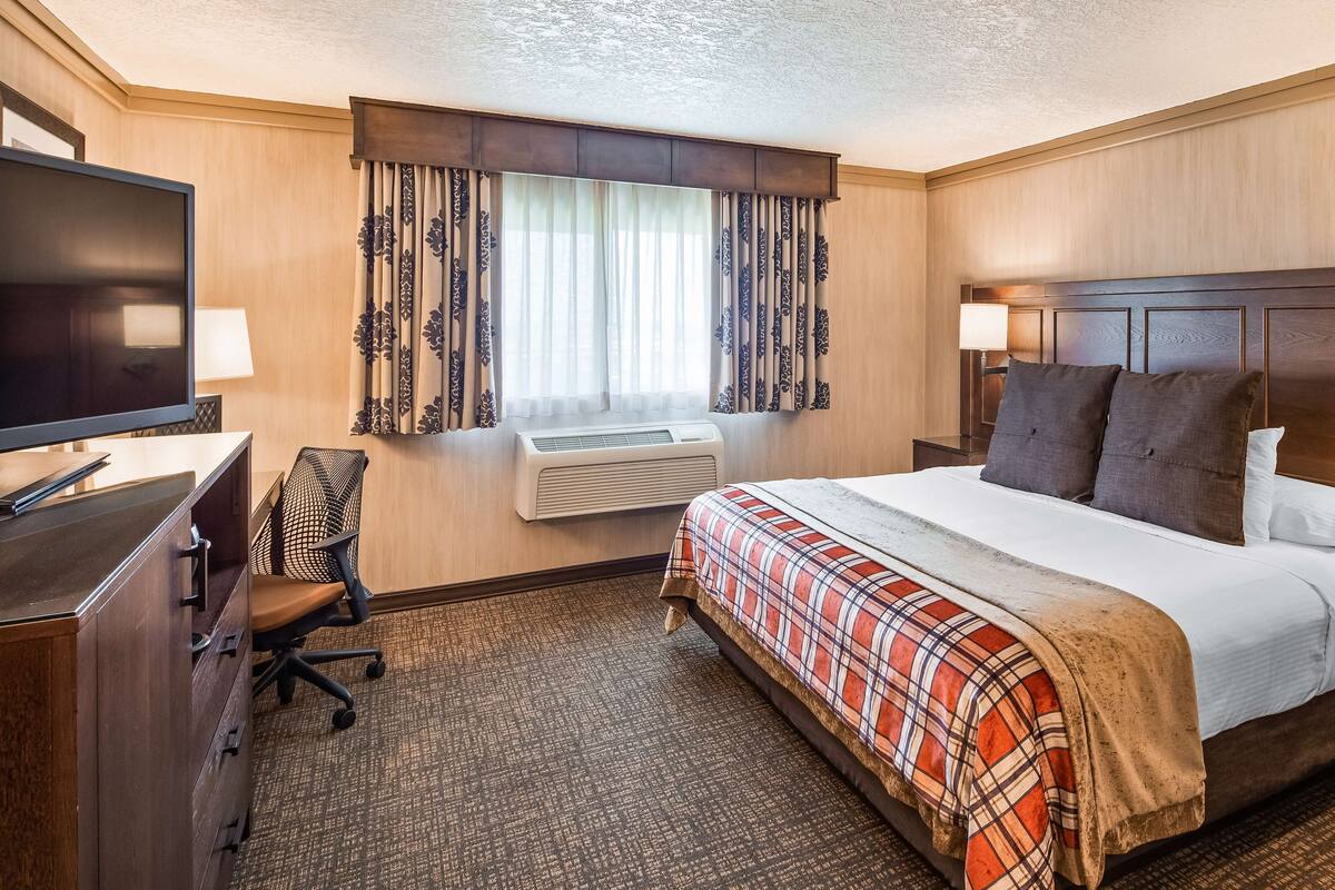 A hotel room with a bed, a desk, a chair, a TV, and a window with curtains.
