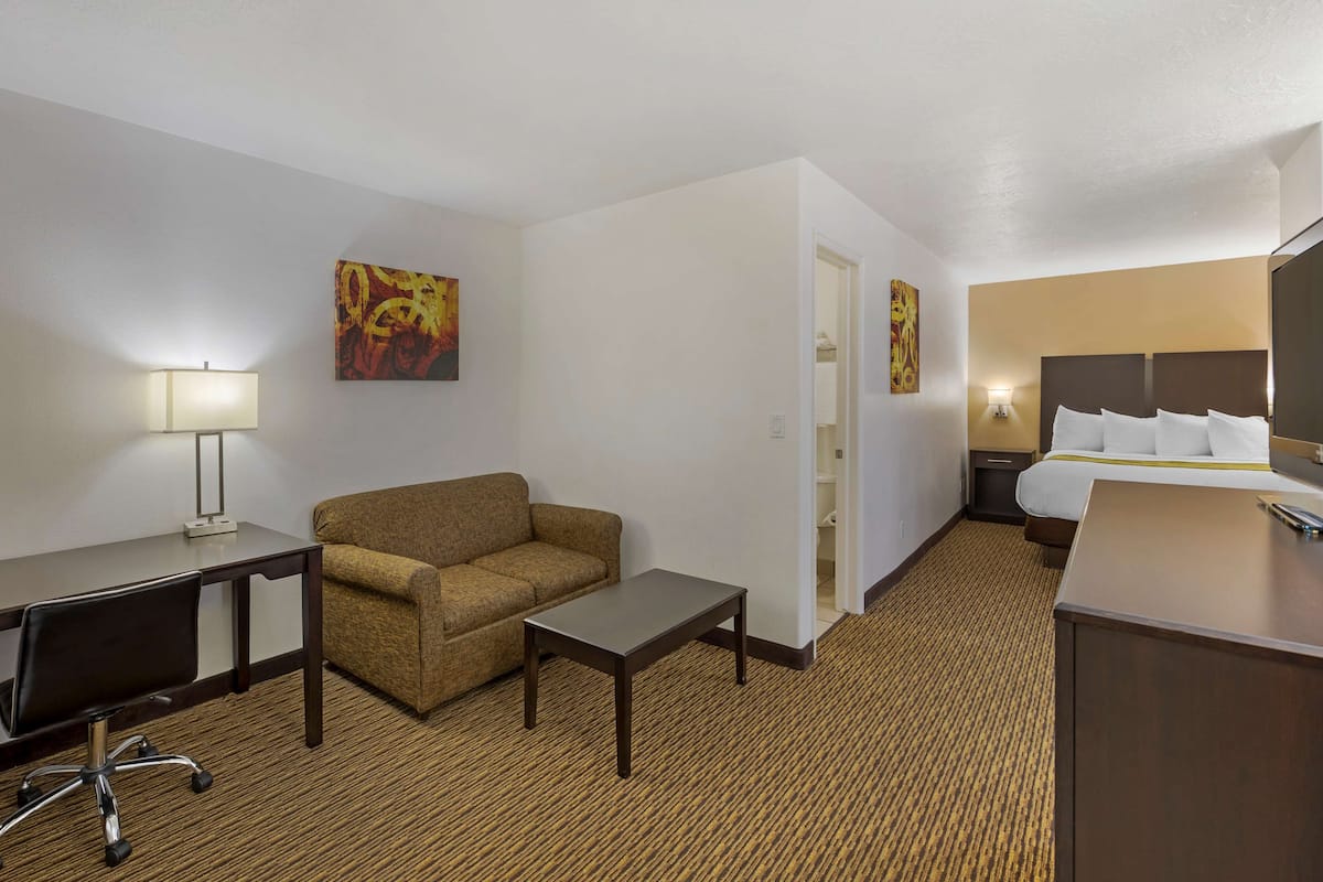 A hotel room with a bed, a desk, a chair, a small table, and a couch. There are two paintings on the walls.