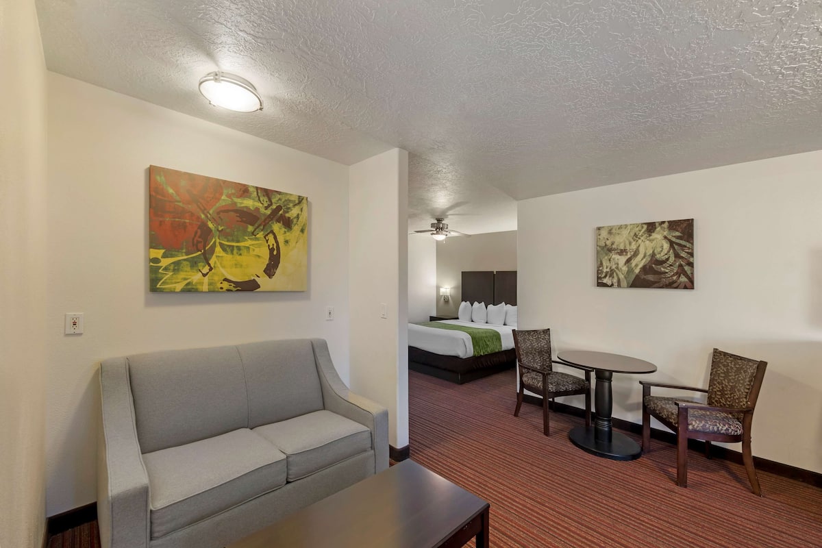 A hotel room with a gray sofa, a small table, a round dining table with chairs, a bed with white linens, and two wall-mounted paintings.