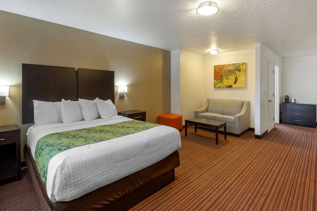 Une chambre d’hôtel avec un grand lit, un canapé, une petite table et un tableau au mur.