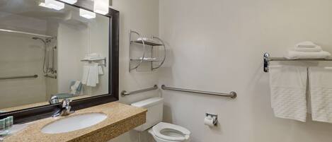 Ein Badezimmer mit Waschbecken, Toilette und Haltegriffen.