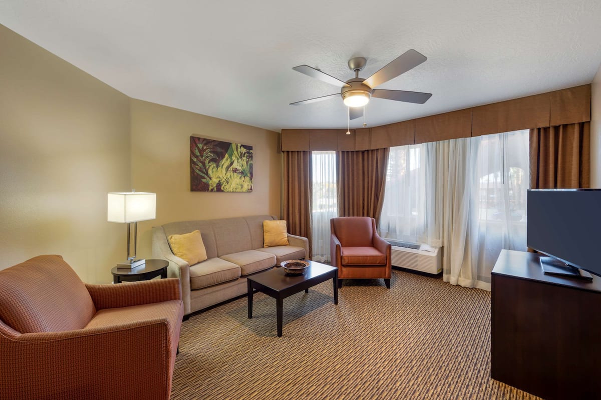 A hotel room with a sofa, armchair, coffee table, TV, ceiling fan, and large windows with curtains.
