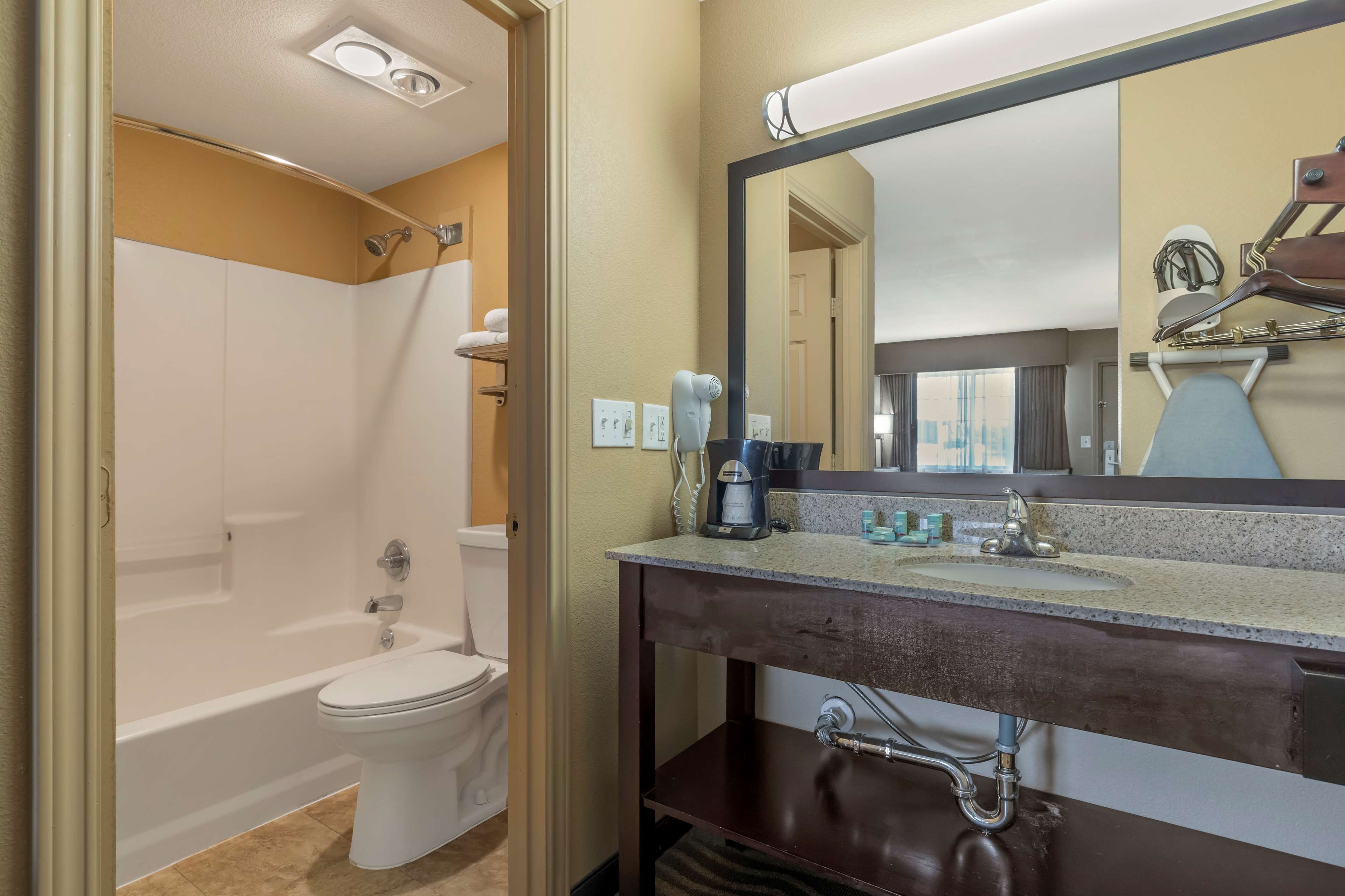 standard room, 2 double beds, non smoking, refrigerator & microwave | bathroom | hair dryer, towels, soap, shampoo