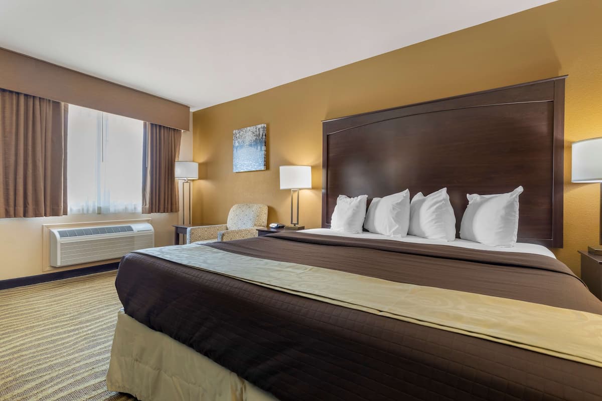 Quarto de hotel com uma cama grande, uma cadeira, uma mesa, uma luminária e um quadro na parede.