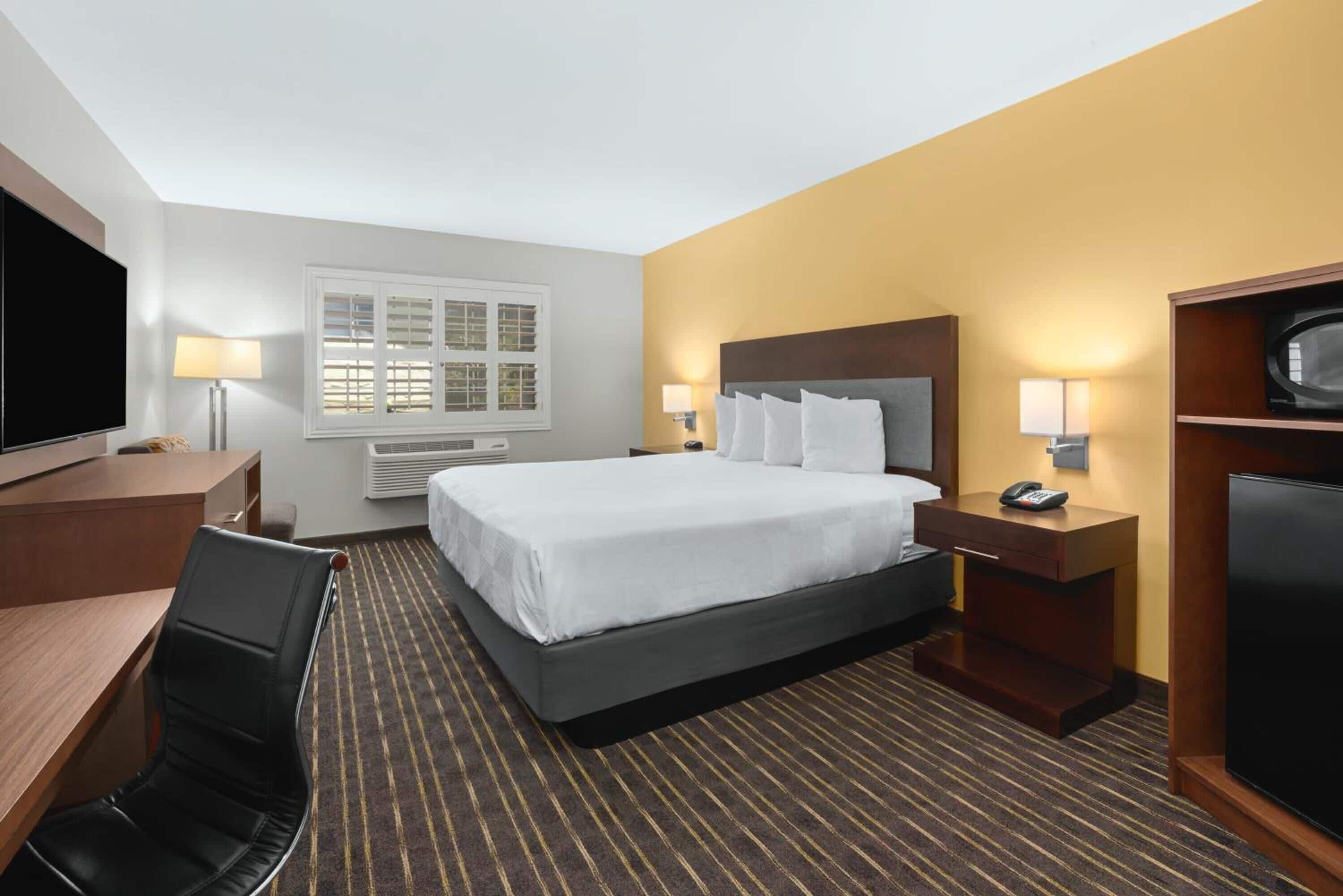 Una habitación de hotel con cama, escritorio, silla, televisor, lámpara de escritorio, mesita de noche con lámpara y microondas.