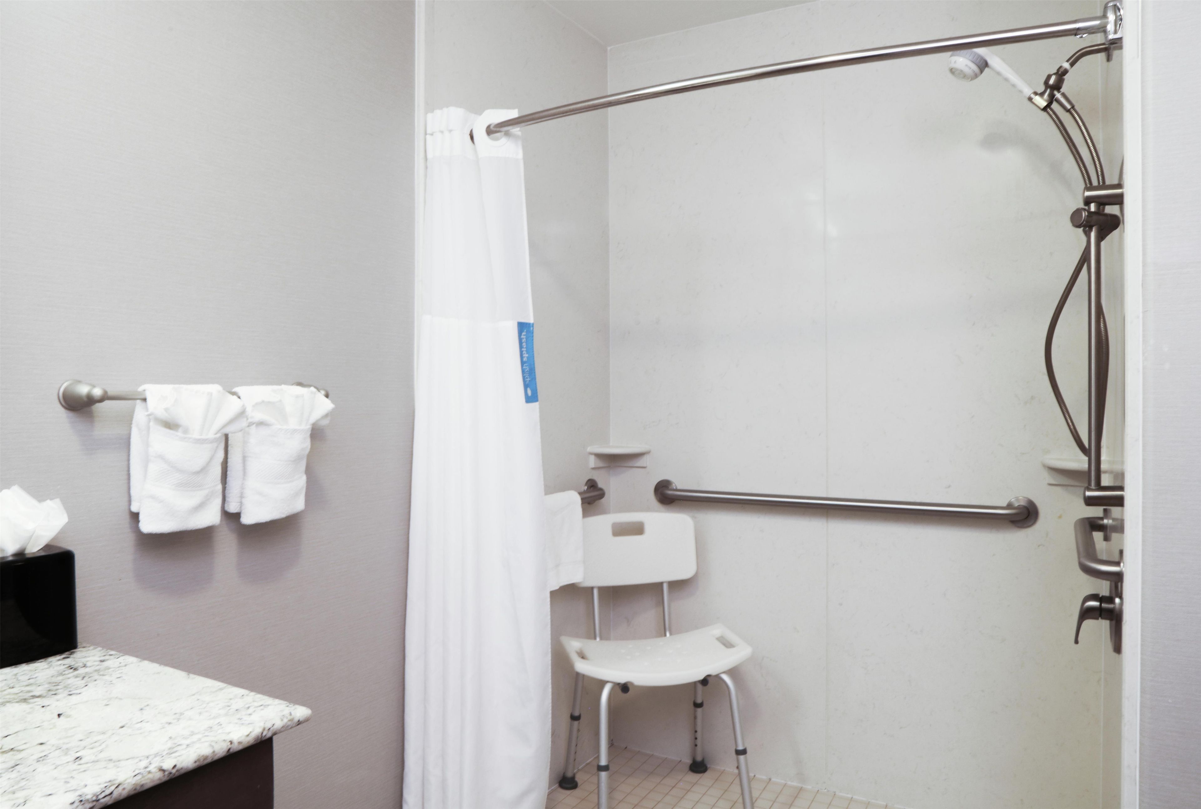 Un espacio de ducha con barra de apoyo, un inodoro blanco y un pequeño taburete.
