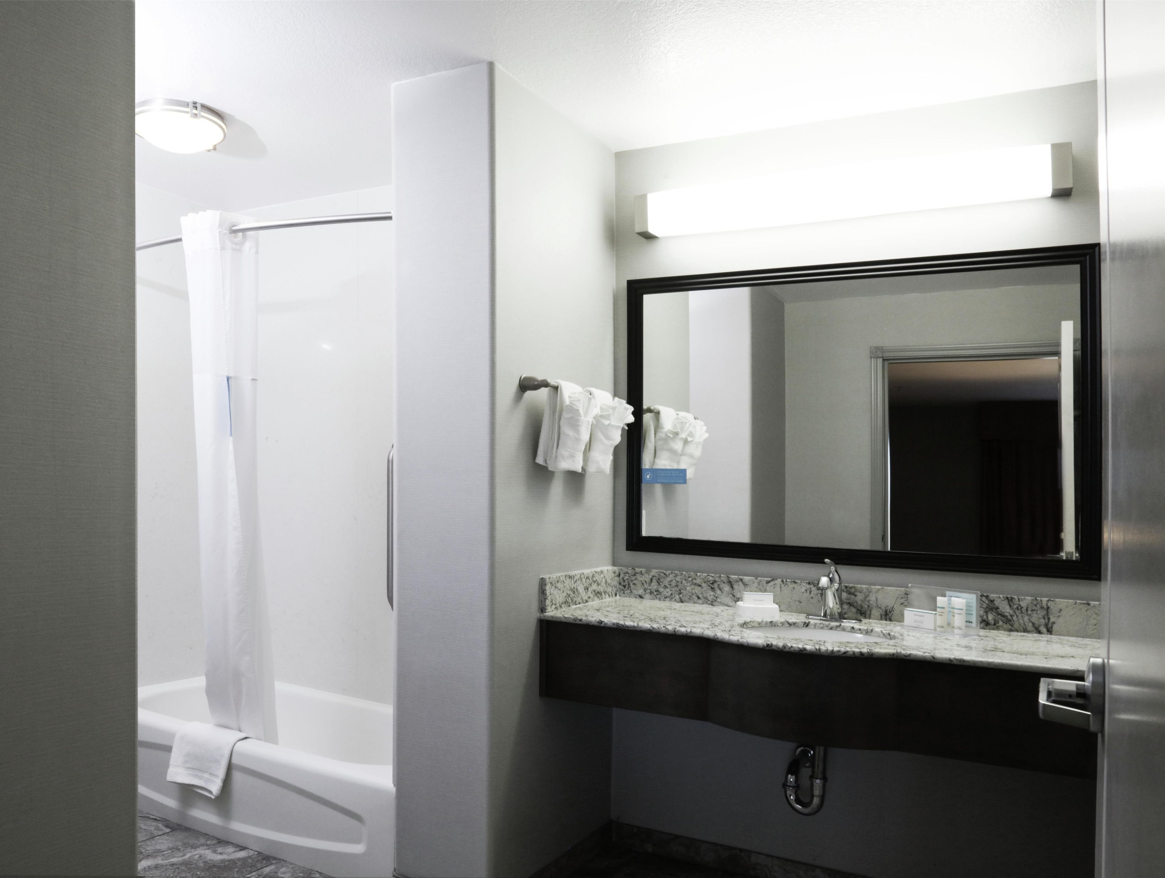 A modern bathroom with a shower, a sink, and a mirror.