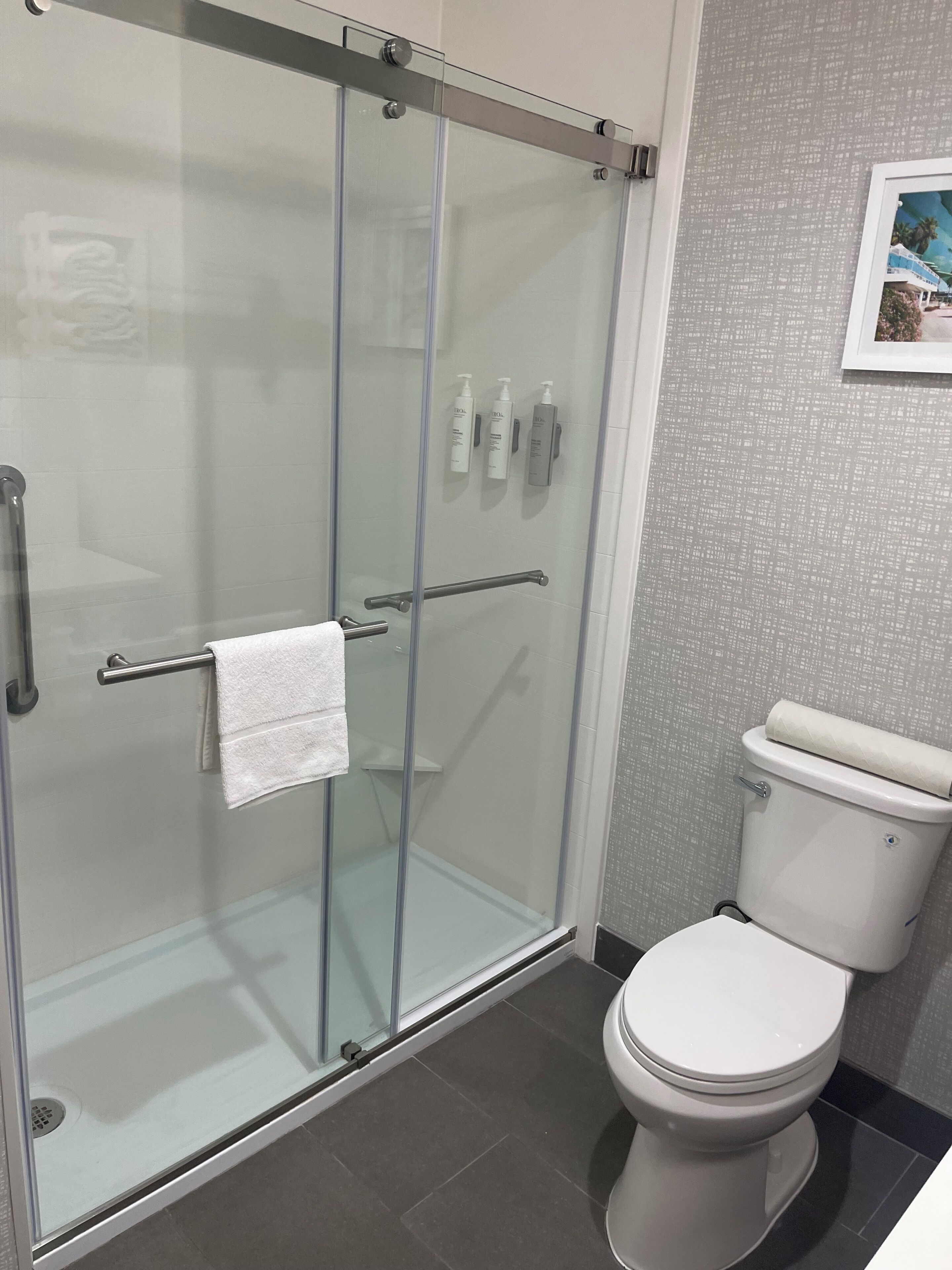 Un baño moderno con ducha de vidrio, inodoro blanco y barra para toallas.