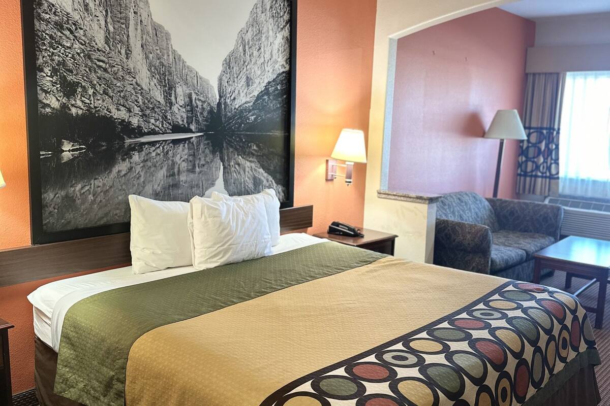 Une chambre d’hôtel avec un grand lit, un tableau représentant un paysage de montagne, un canapé et une lampe.