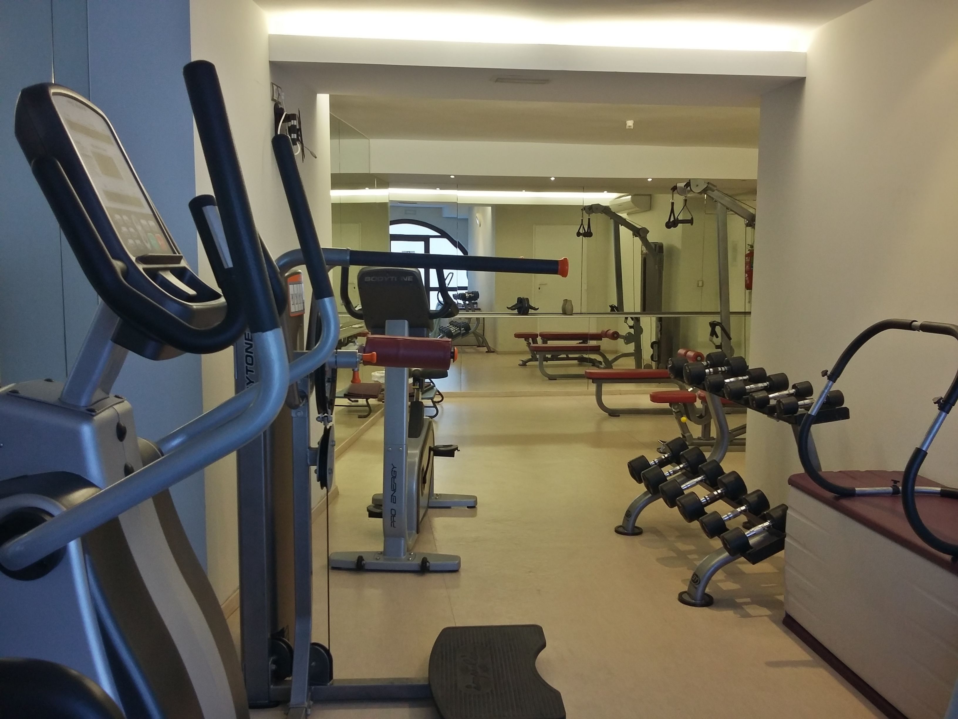 A gym with cardio equipment, weight benches, and dumbbells.