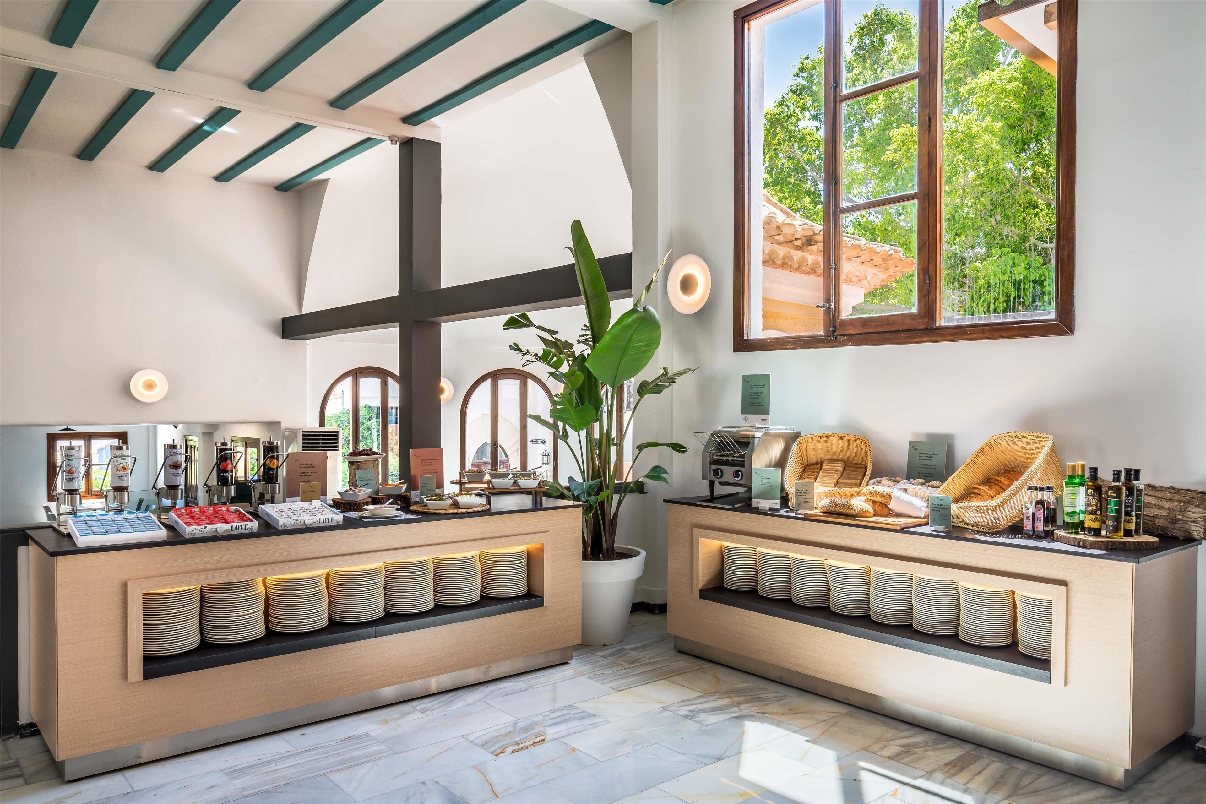 A modern reception area with two counters, a large potted plant, and a view of greenery through a large window.