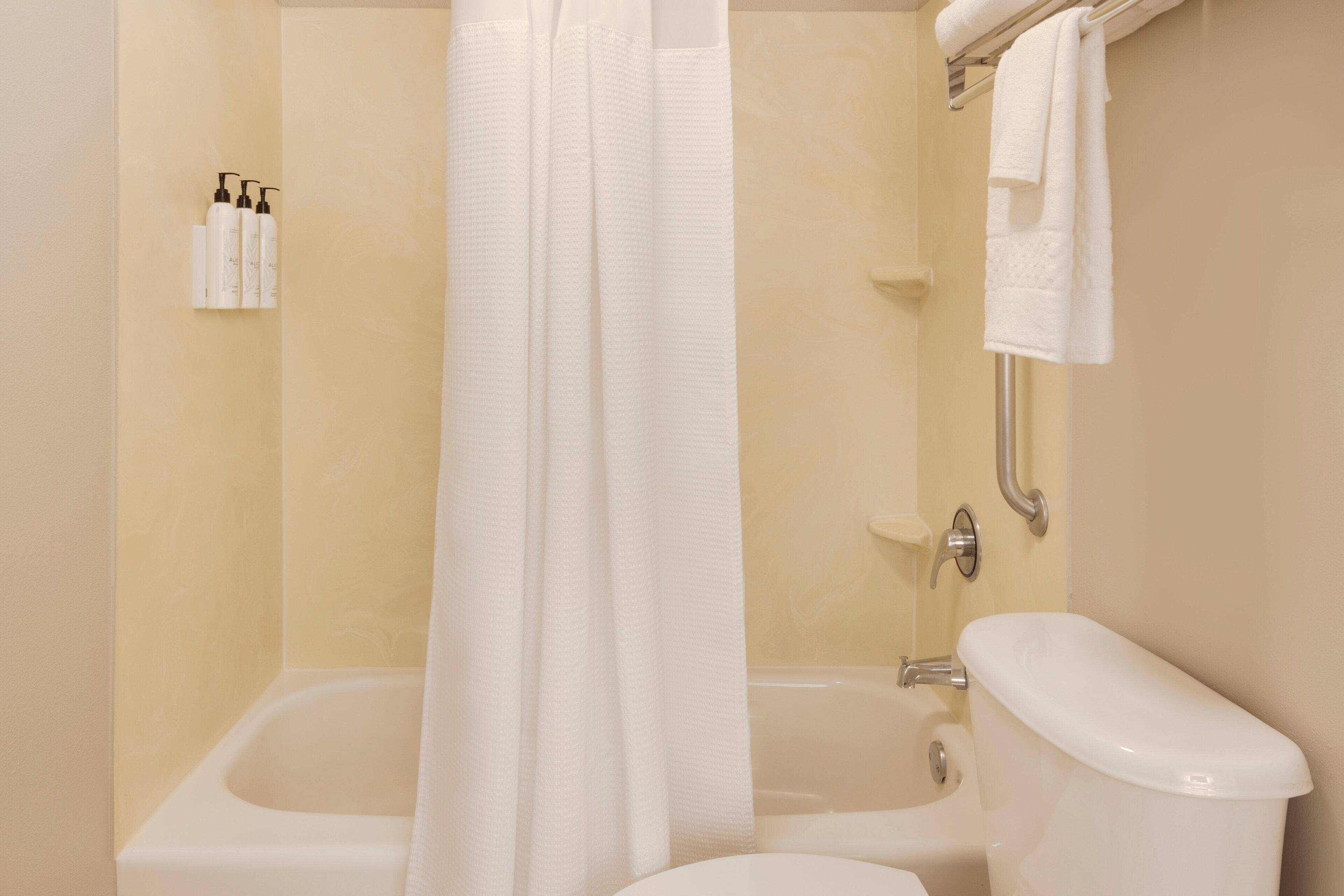 combined shower/bathtub, free toiletries, hair dryer, towels