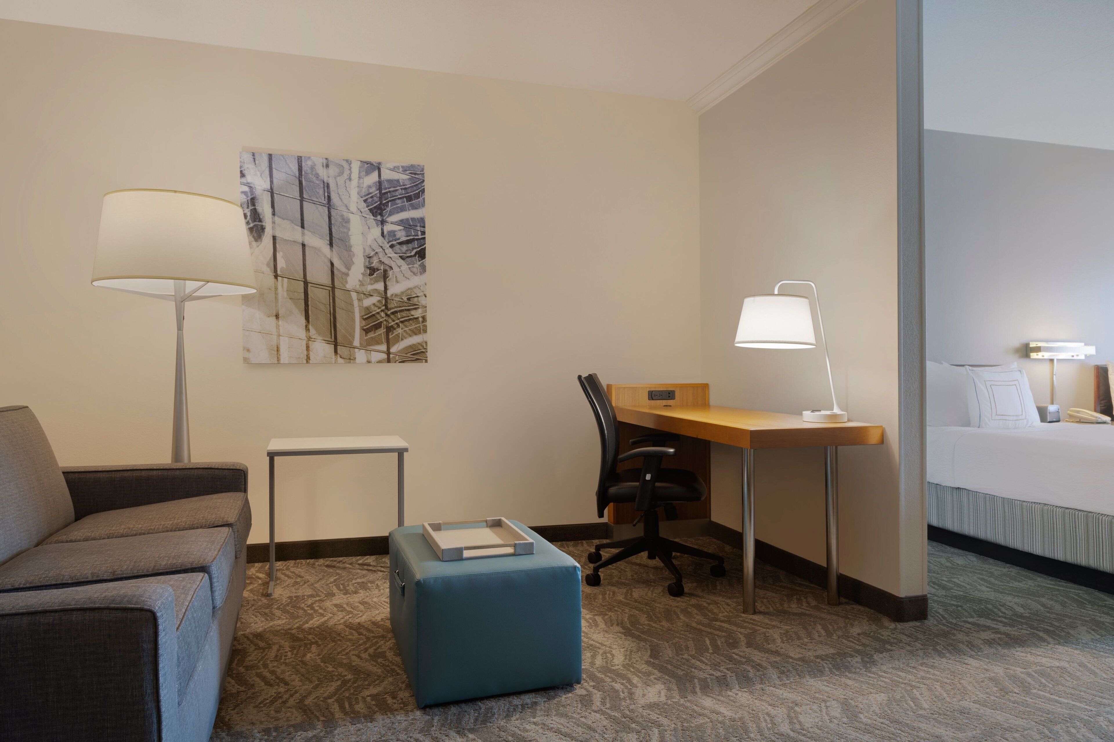 Une chambre d’hôtel équipée d’un canapé, d’un bureau, d’une chaise, d’une table de chevet, d’une lampe et d’un lit.